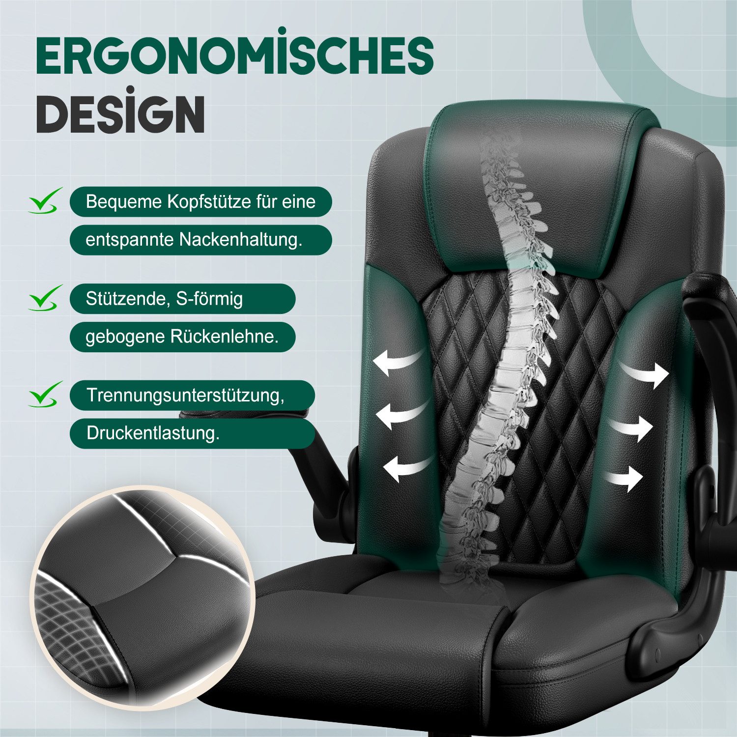 Fukstern Bürostuhl Ergonomischer Bürostuhl mit 90° klappbaren Armlehnen (Atmungsaktiver Mesh-Bezug, Rücken- und Taillenstütze, Neigung fixierbar bei 90° (maximal kippbar bis 120), bis 150 kg belastbar