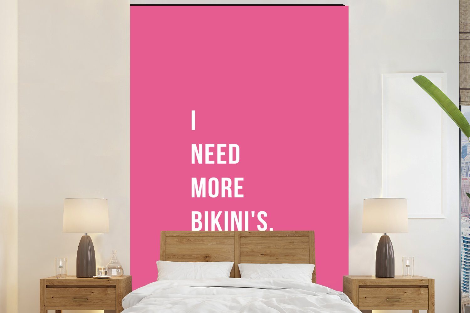 MuchoWow Fototapete Zitat - Pink - Ich brauche mehr Bikinis, Matt, bedruckt, (3 St), Montagefertig Vinyl Tapete für Wohnzimmer, Wandtapete