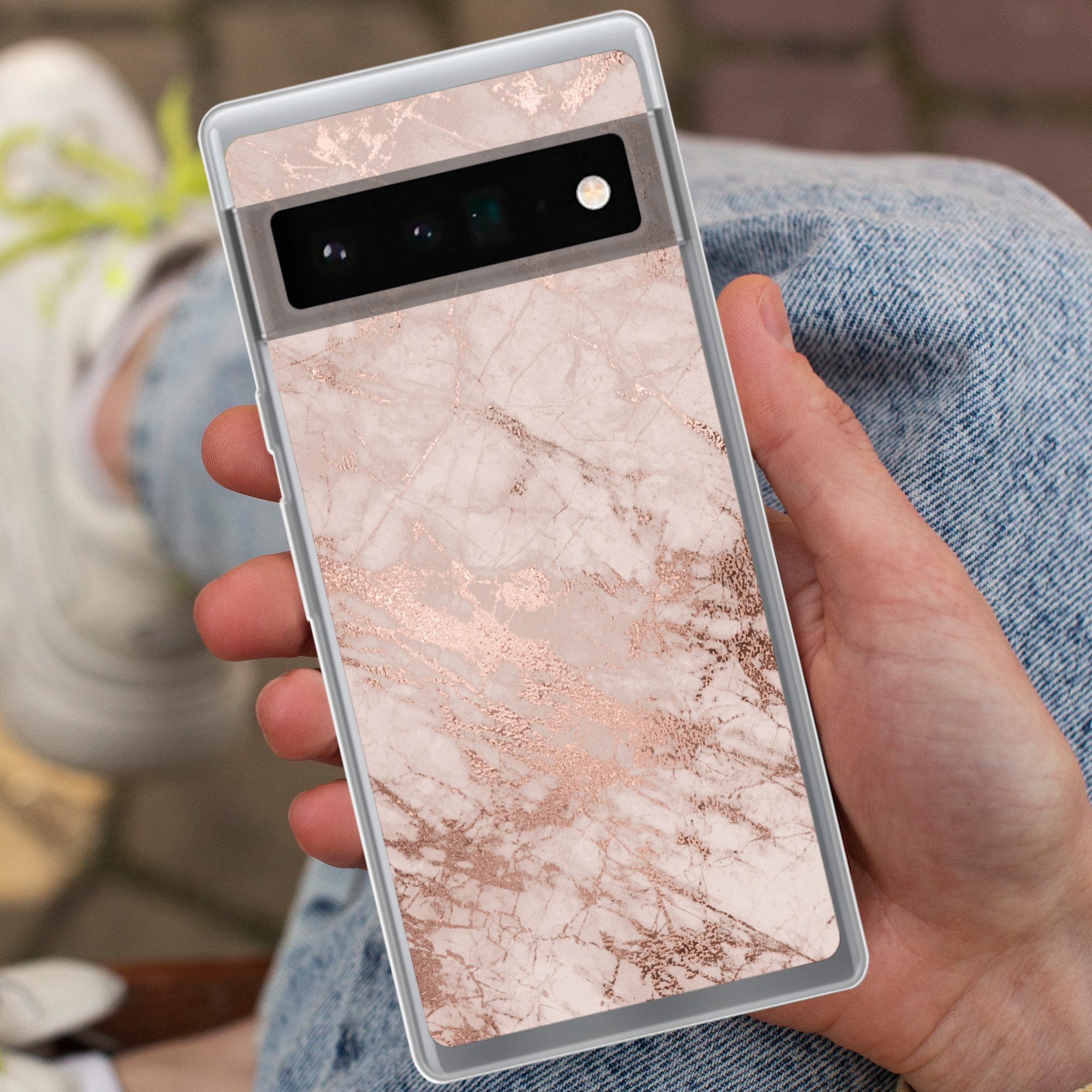 MuchoWow Handyhülle für Google Pixel 6 Pro Marmor - Rosa - Luxus - Marmoroptik - Glitzer -, Handy Case, Silikon, Bumper Case Dünn