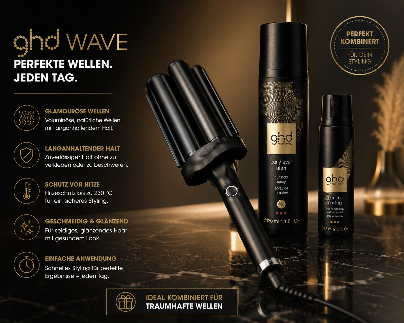 GHD Welleneisen Wave Triple Barrel Waver inkl. 2 ghd Stylingprodukten, für glamouröse Beach Waves und langanhaltende Looks.