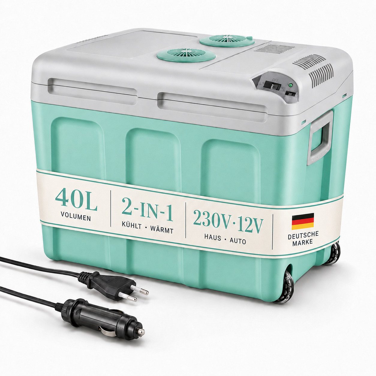 TOM Elektrische Kühlbox 2in1 40 Liter mit Handtuch, 40 l, 230V (AC), 12V (DC), Geräuschlos, 56x41x39cm (B x H x T)