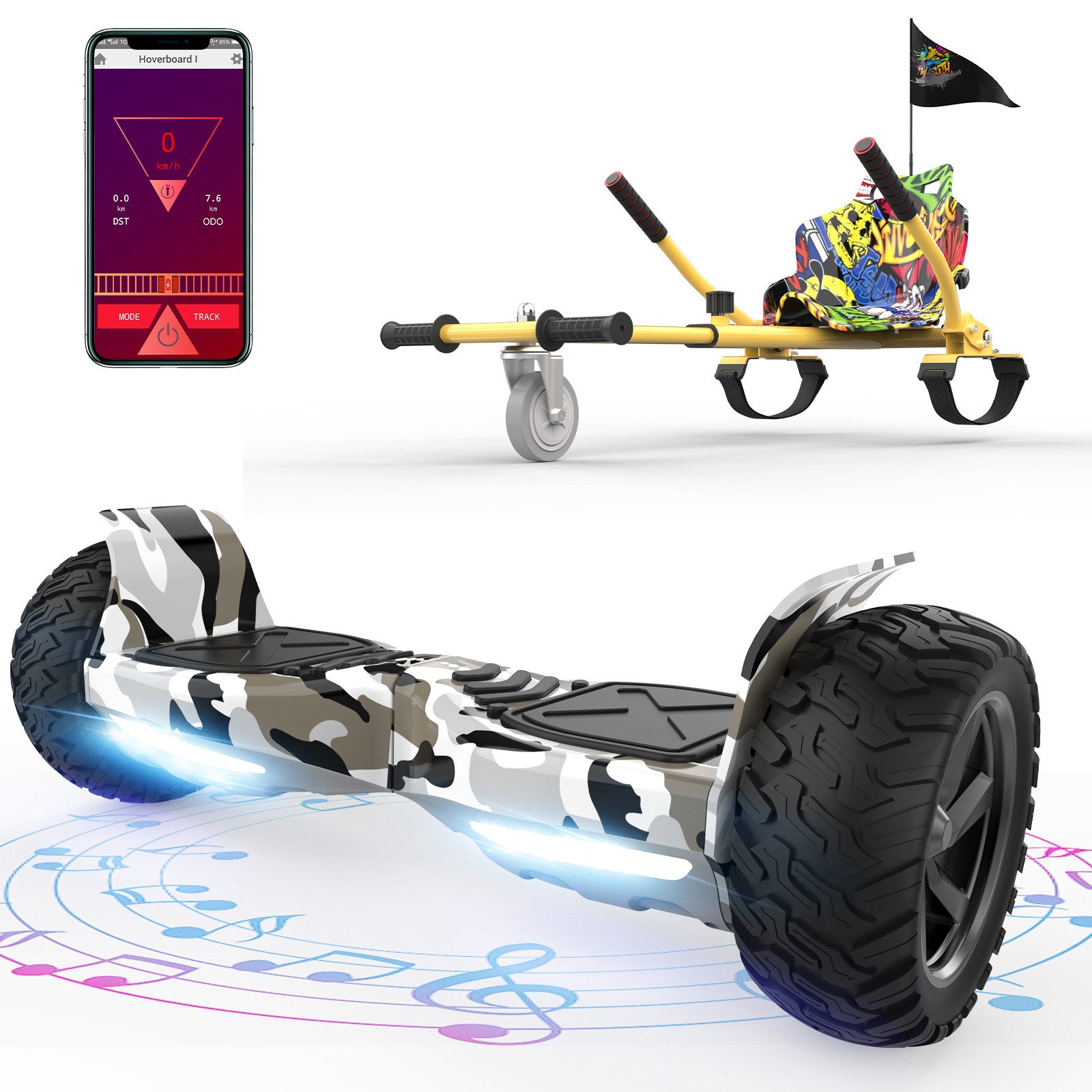 RCB Balance Scooter Kart Set, 8,5'' Off-Road SUV Hoverboard mit Sitz, Go-Kart, APP, Bluetooth