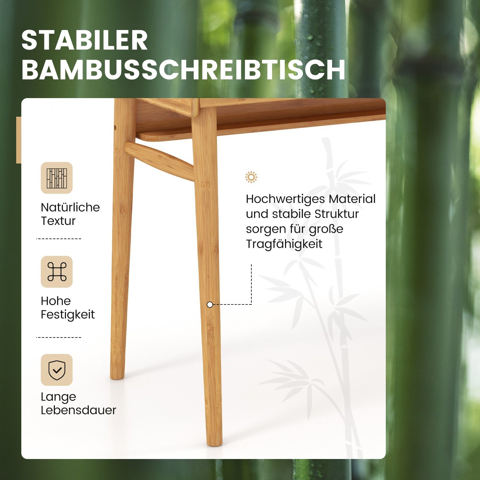 Schubladen Bambus & COSTWAY 100x50x78cm Schreibtisch, Regal, mit aus Natur, 2
