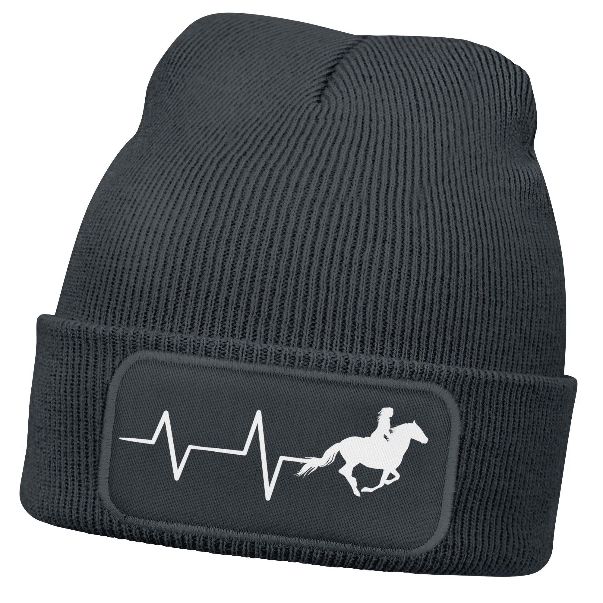 Strickmütze Damen Beanie mit Patch Strickmütze Aufdruck Pferd Herzschlag Design