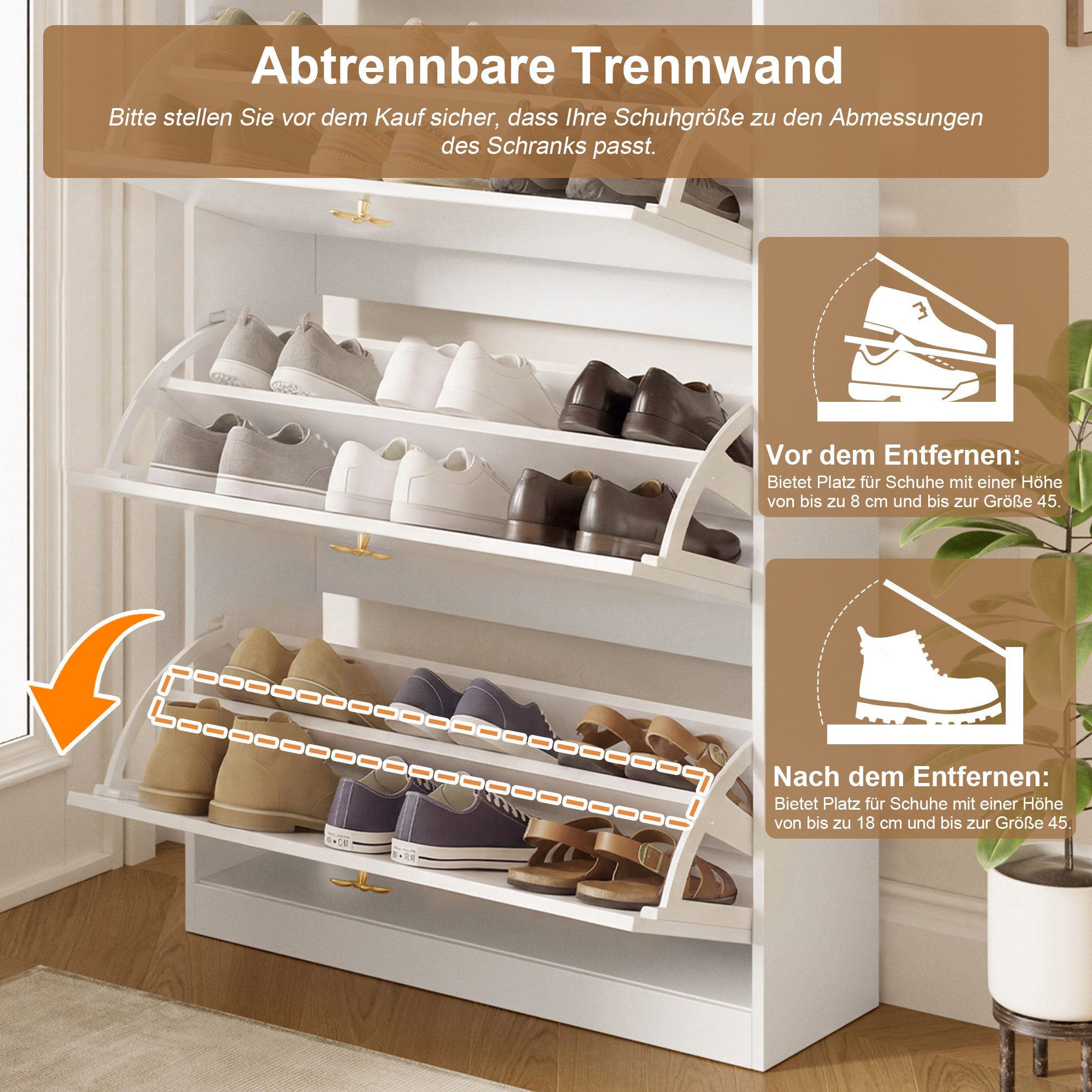 BlingBin Schuhschrank Schmaler Schuhkipper mit 3 Klappfächern,2 offenen Ablagen und Lochwand (2 Packung, 1-St., goldfarbenen Griffen,80x24x178,5 cm,24 cm tiefer,Kippsicherung) Schutzstange,herausnehmbaren Trennwänden,platzsparenden