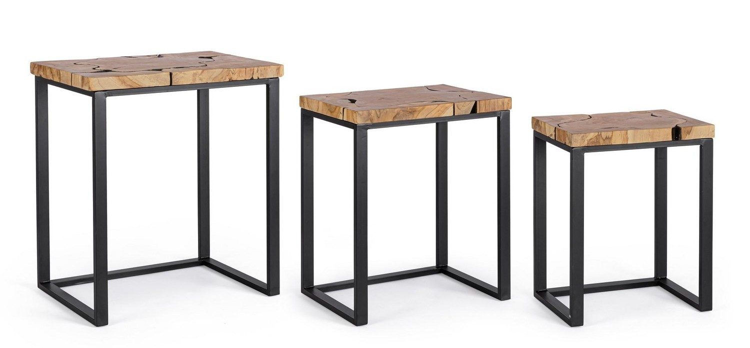 Natur24 Beistelltisch 3er Set Couchtische Elwood verschiedene Größen Teak Stahl Natur