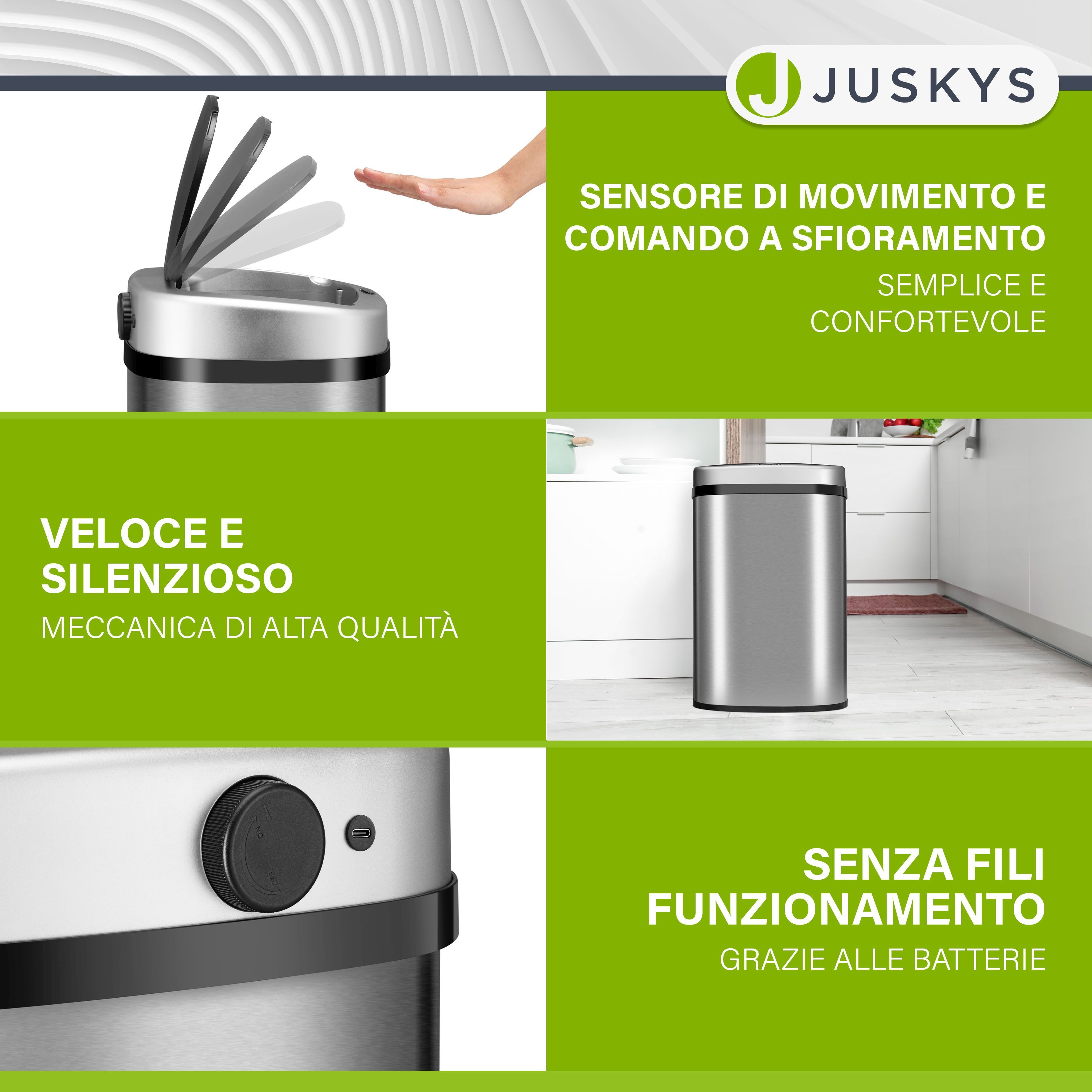 Juskys Mülleimer, 50 L, rostfrei, intelligenter Sensor, batteriebetrieben, geräuscharm