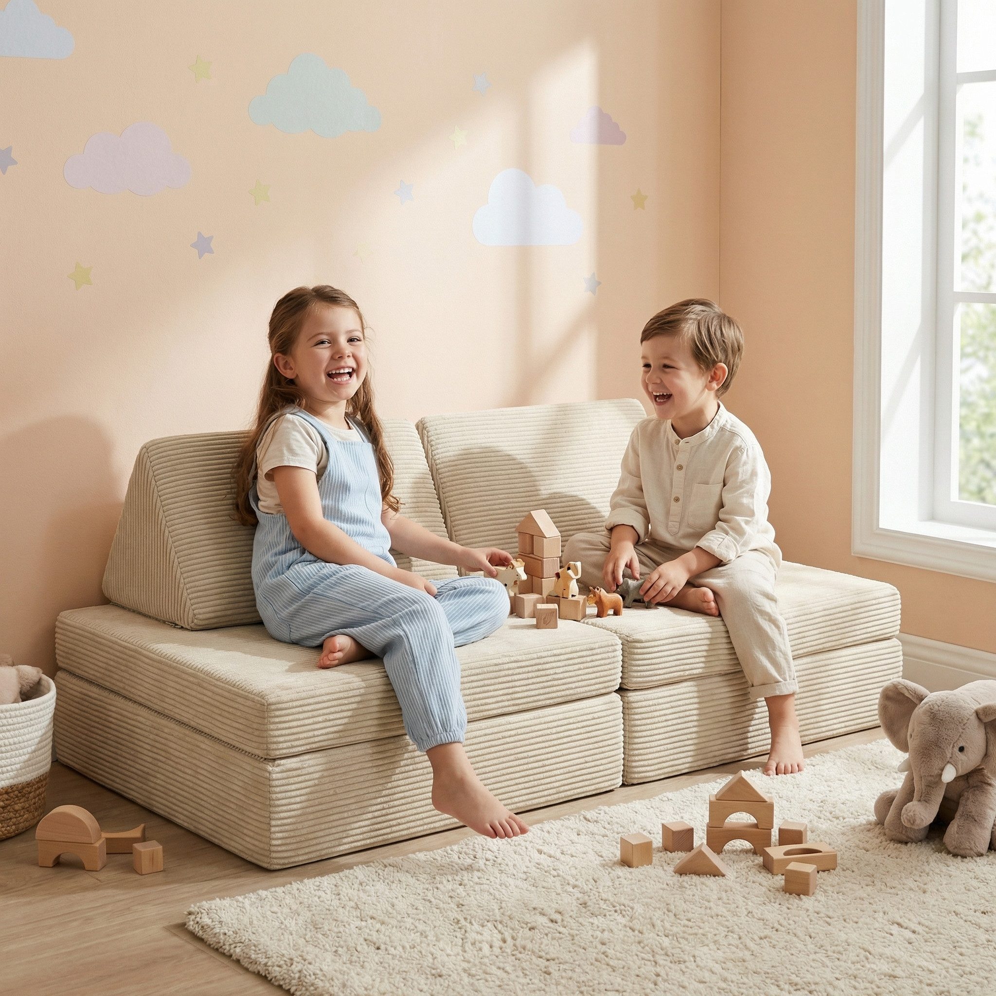 Bellabino Kindersofa Nile aus Schaumstoff Teilen, modulare Kinderspielcouch aus Cord, Beige, Mini-Variante für Kleinkinder, Cordbezug abnehmbar & waschbar, 130x – Bild 2 von 5