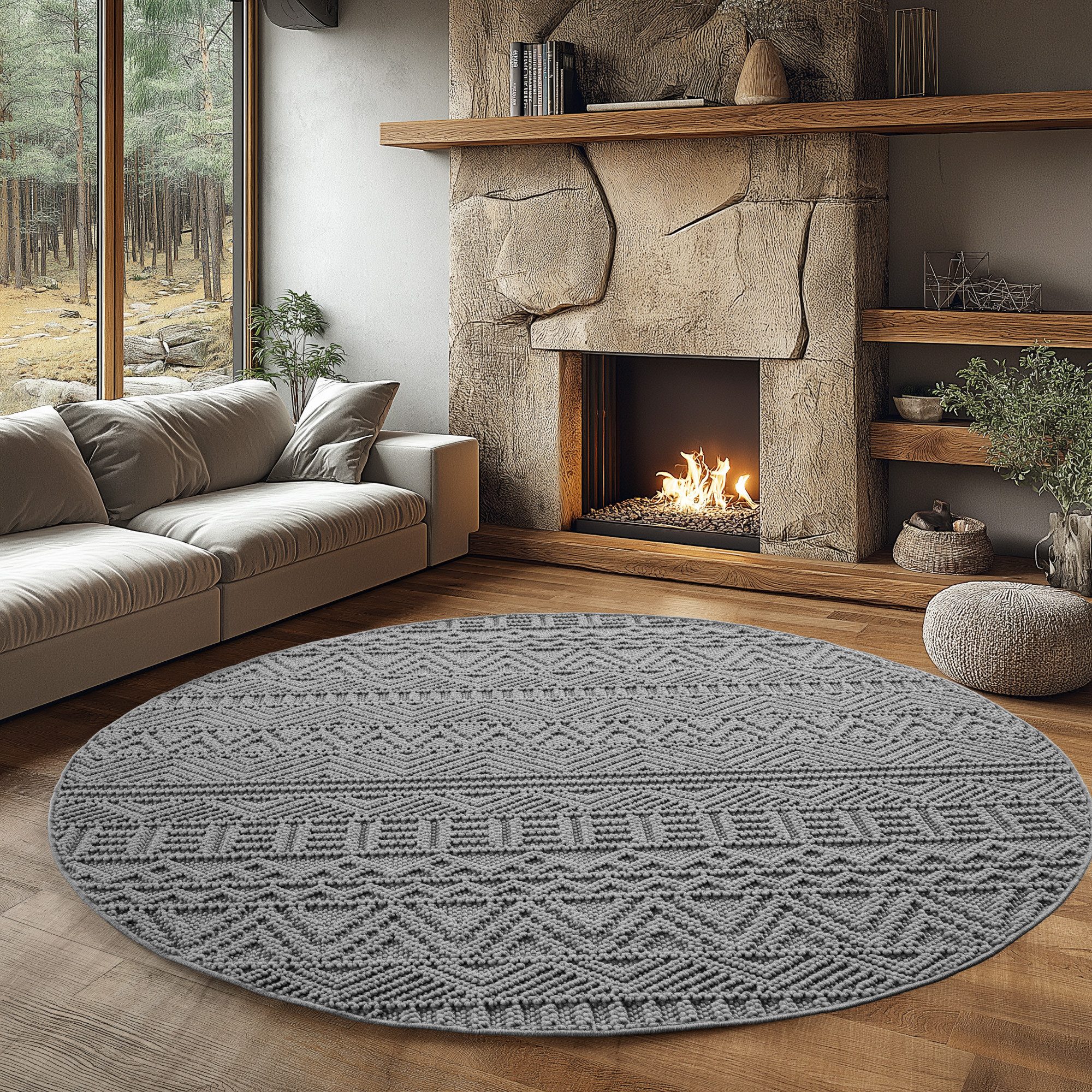 Ayyildiz Teppiche Teppich HELIX 2202, auch als Läufer und Rund erhältlich, rund, Höhe: 7 mm, 3D-Effekt durch Cut-Loop-Webtechnik, Woll-Optik, Bouclé, Wohnzimmer