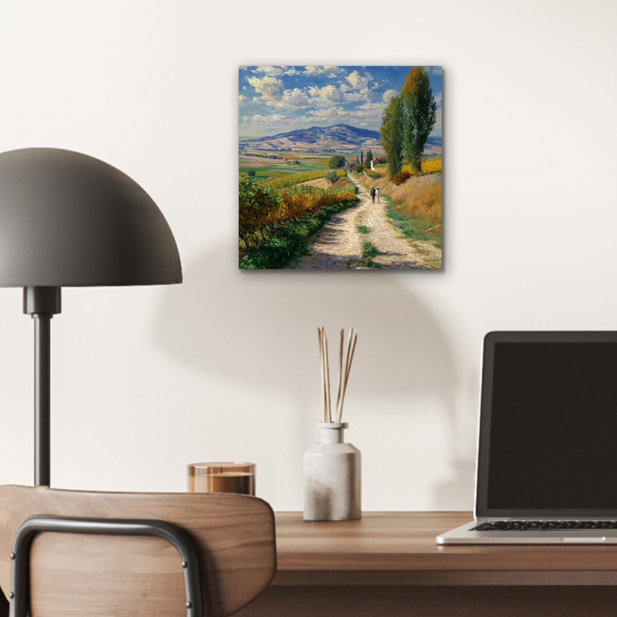 MuchoWow Metallbild Menschen - Wandern - Sandweg - Felder, Inkl. Aufhängung, Alu-Dibond-Druck, Wandbild aus Metall, Aluminium deko, 20x20 cm