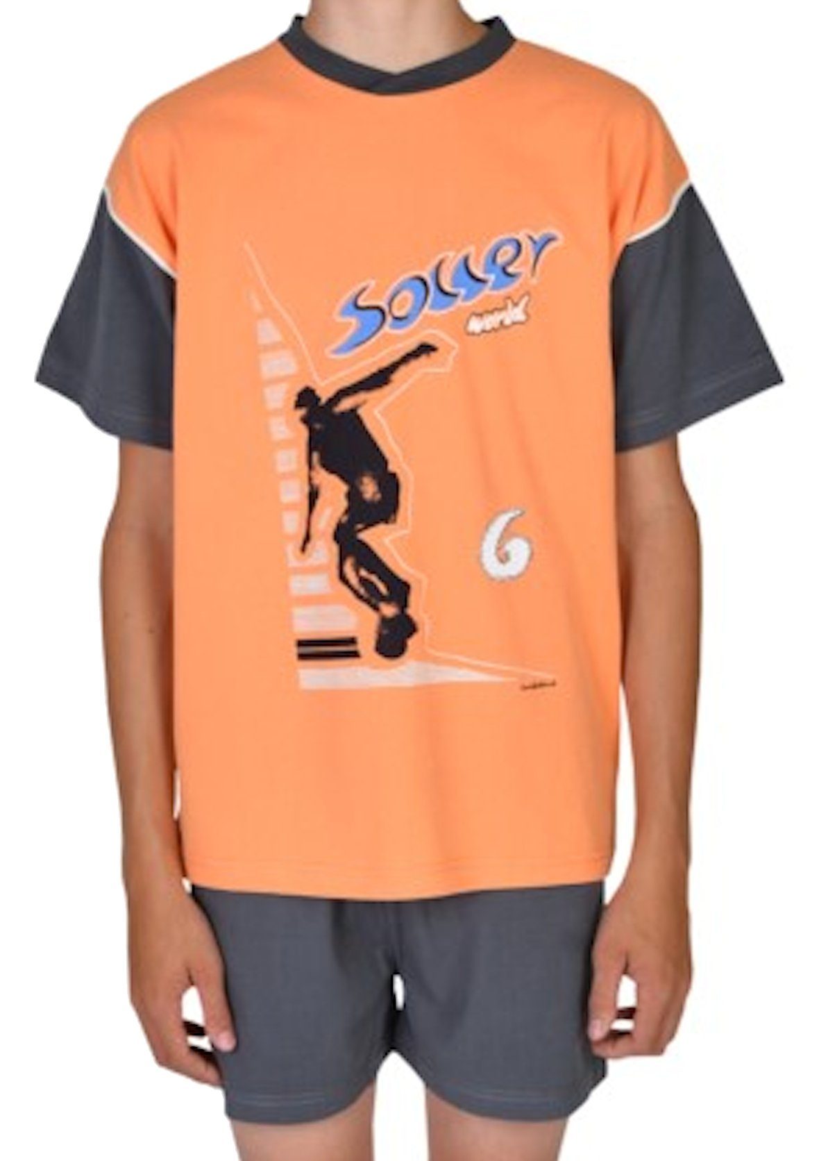 Shorty Wörner Jungen Shorty kurzer Schlafanzug Jersey Fußball Orange Dunkelgr