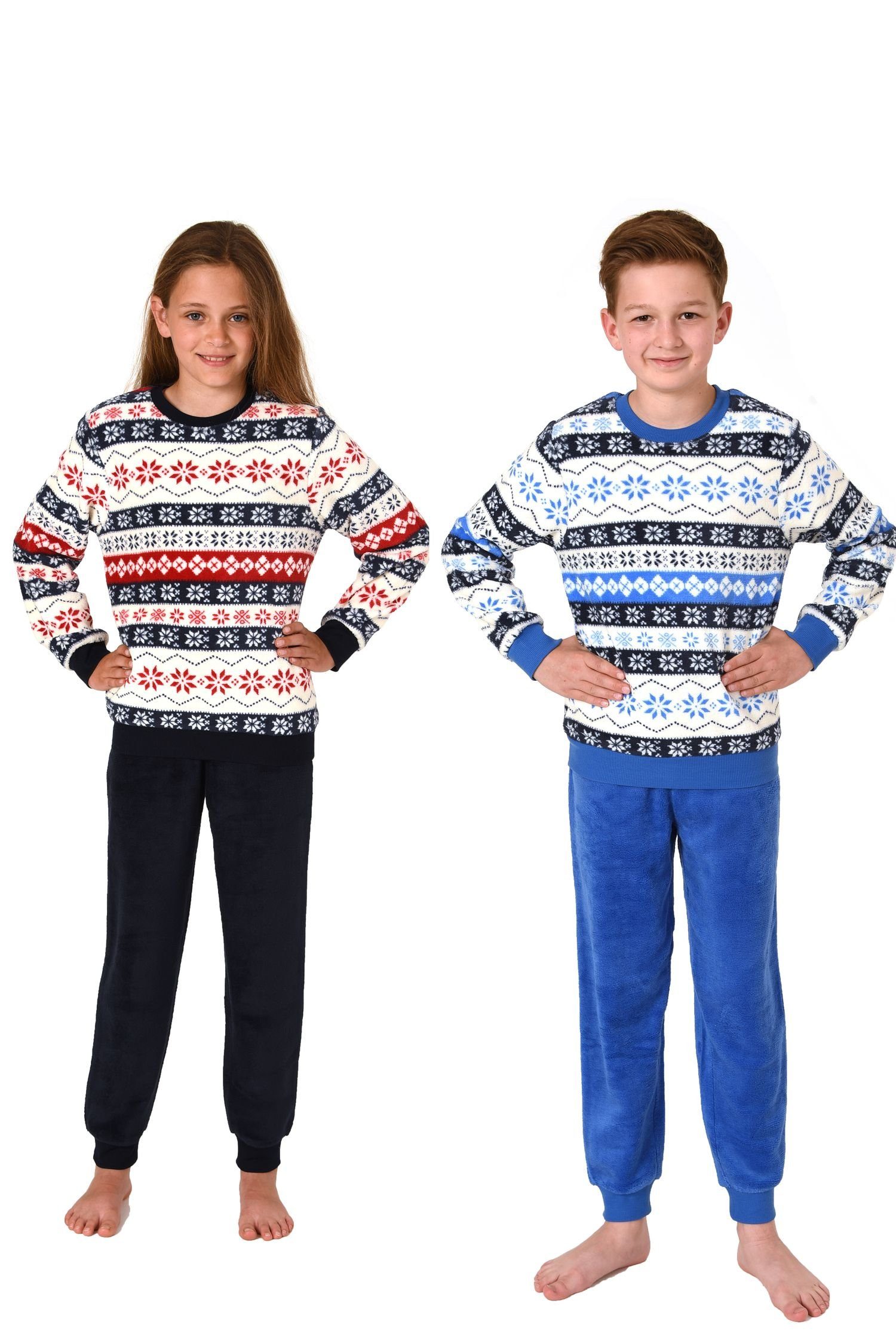 Bündchen Look Norweger Normann Pyjama Schlafanzug mit langarm Kinder Coralfleece aus blau