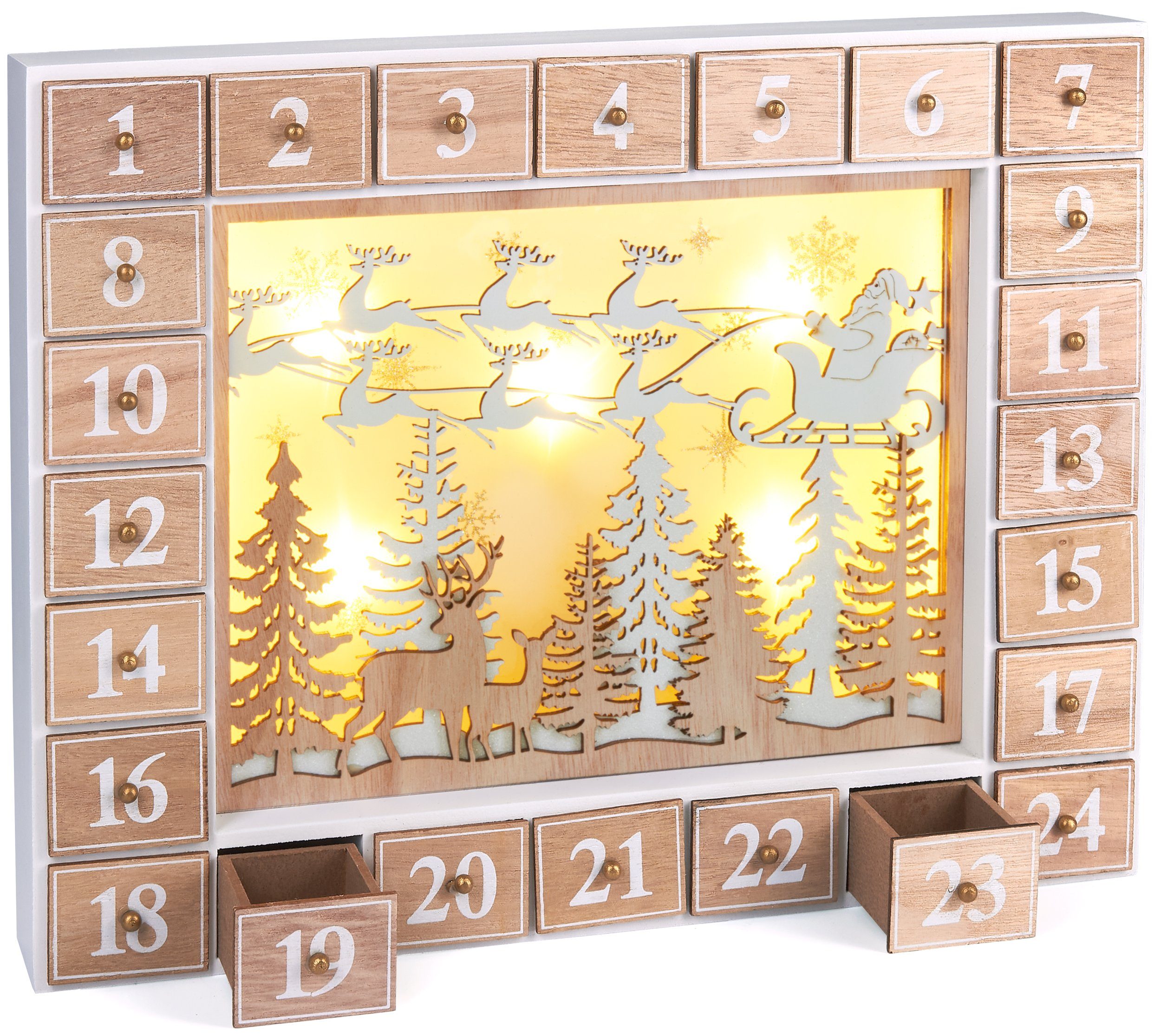 BRUBAKER befüllbarer Adventskalender Holz Weihnachtskalender zum Befüllen mit LED-Beleuchtung - 35,5 cm (1-tlg), Kalender Weihnachten - Fliegender Weihnachtsman – Bild 2 von 5