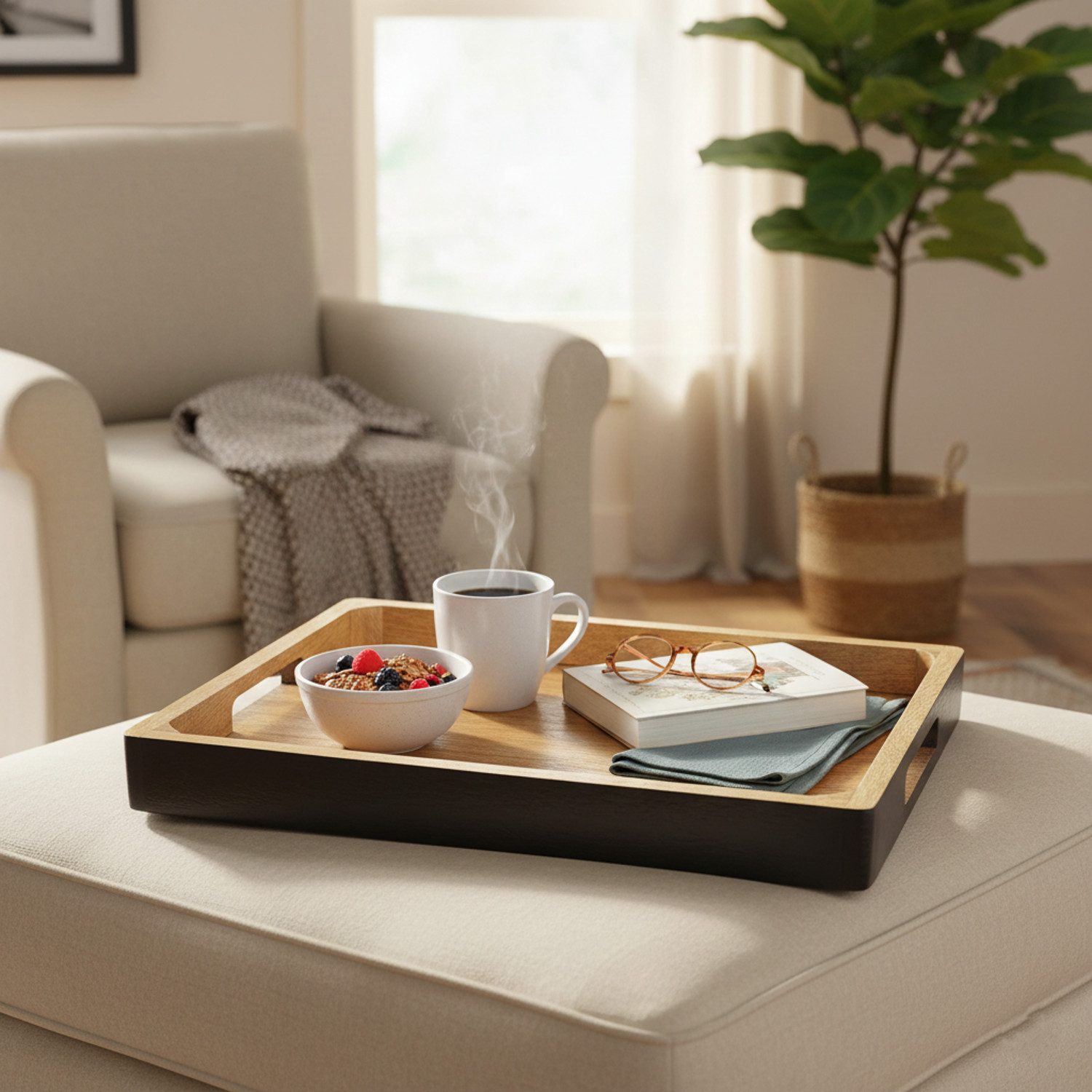 Macosa Home Dekotablett Mangoholz 37 cm Braun Schwarz Holz mit Griffen (rechteckig, Holzschale Holztablett modern groß), Tischdekoration Obsttablett Wohnaccesso – Bild 4 von 4