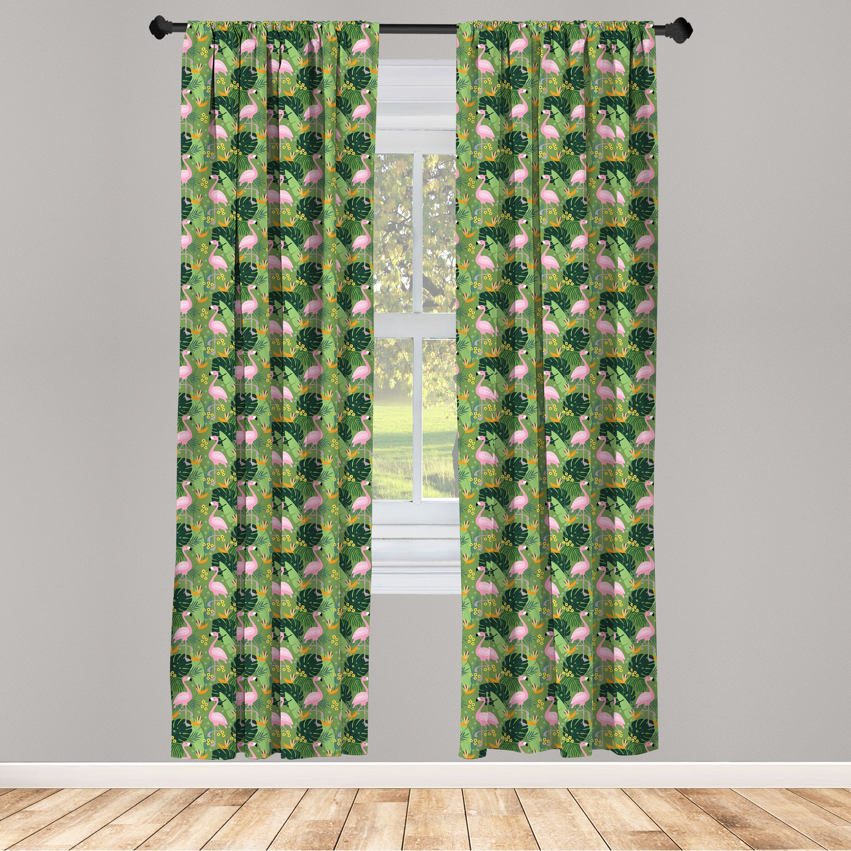 Gardine Vorhang für Wohnzimmer Schlafzimmer Dekor, Abakuhaus, Microfaser, Tropisch Flamingos Monstera Leaves