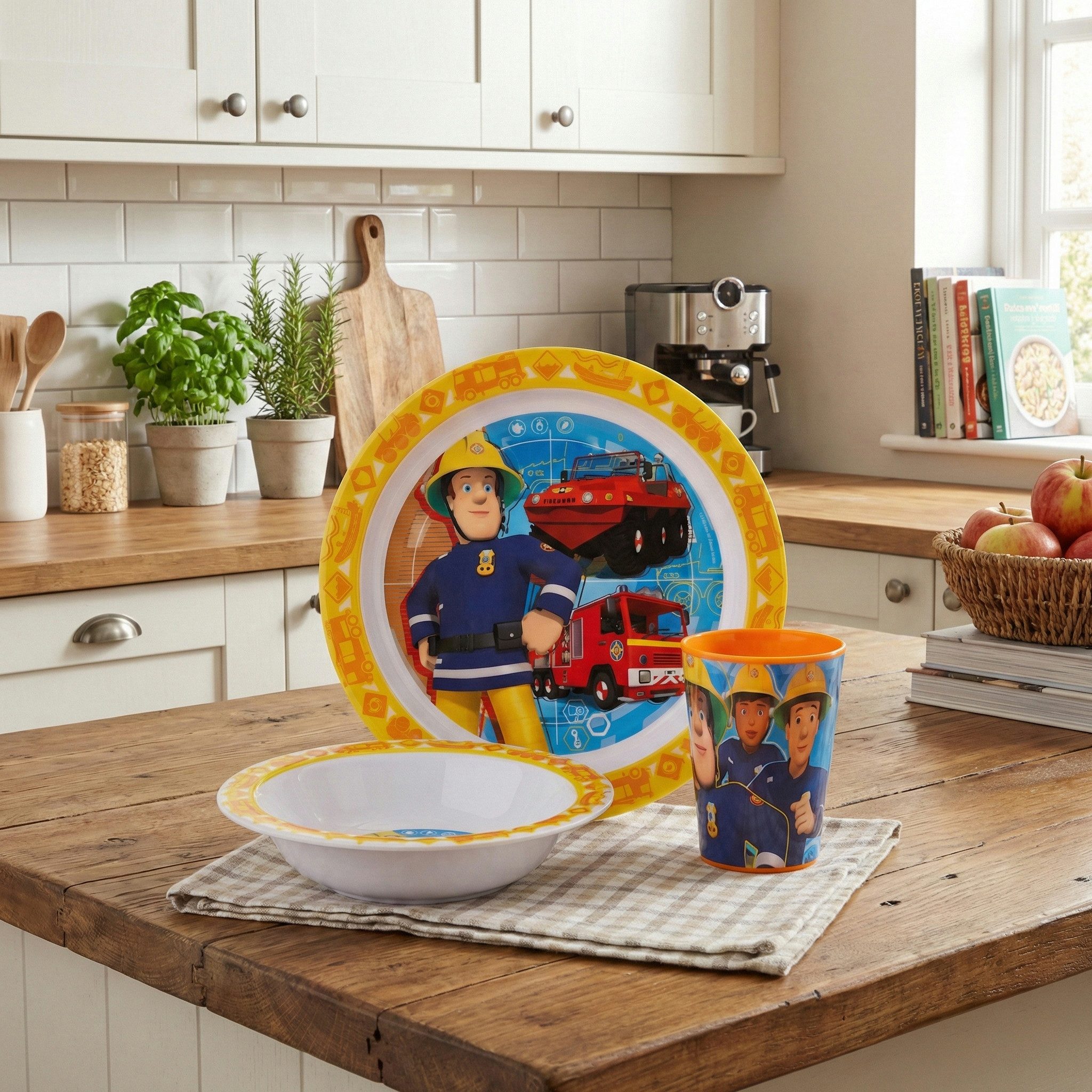 Fireman Sam Kindergeschirr-Set Feuerwehrmann Sam Kinder Geschirr-Set Becher Teller Schüssel (3-tlg), 1 Personen, BPA-Frei