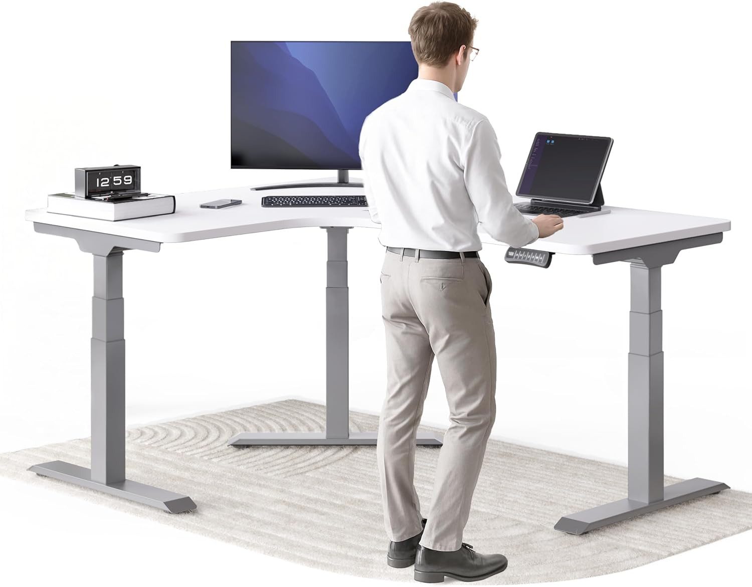 DESKSPACE Eckschreibtisch Eck Steh-Sitz Schreibtisch elektrisch verstellbar mit Speicherfunktion, ergonomisches Steh-Sitz-System, leiser Motor unter 50 dB
