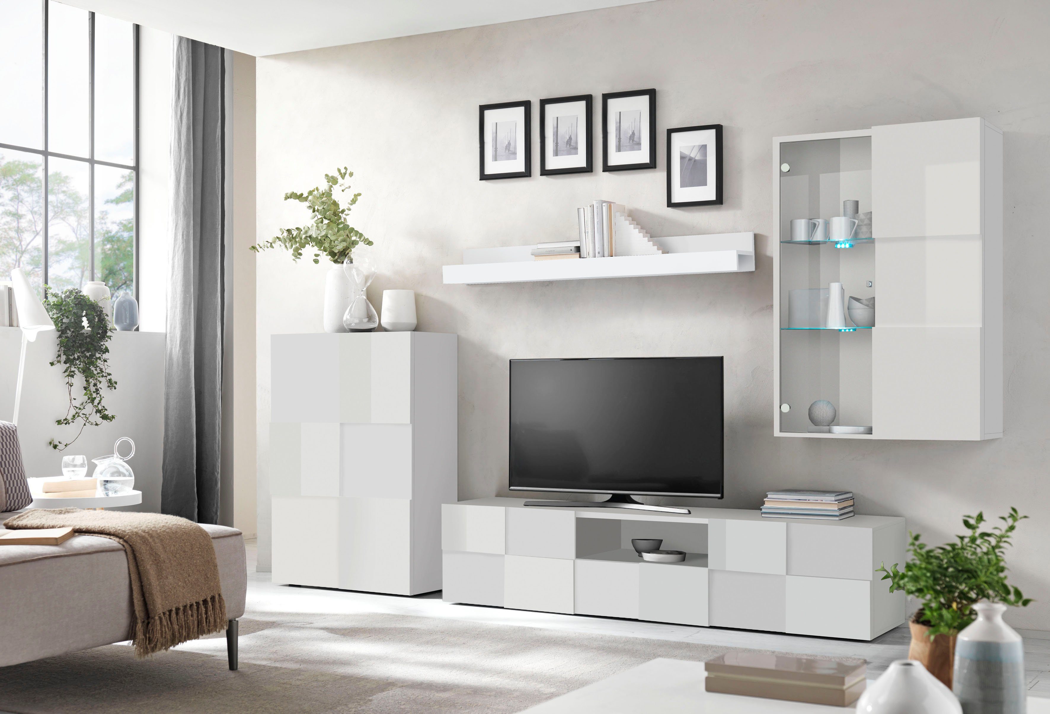Home affaire Wohnwand Dama, 4tlg.Breite 300 cm, Höhe 200 cm, moderne Anbauwand in 3D-Optik, (Set, 4-St), (Lowboard, Stauraumschrank, Hängevitrine, Wandboard) viel Stauraum