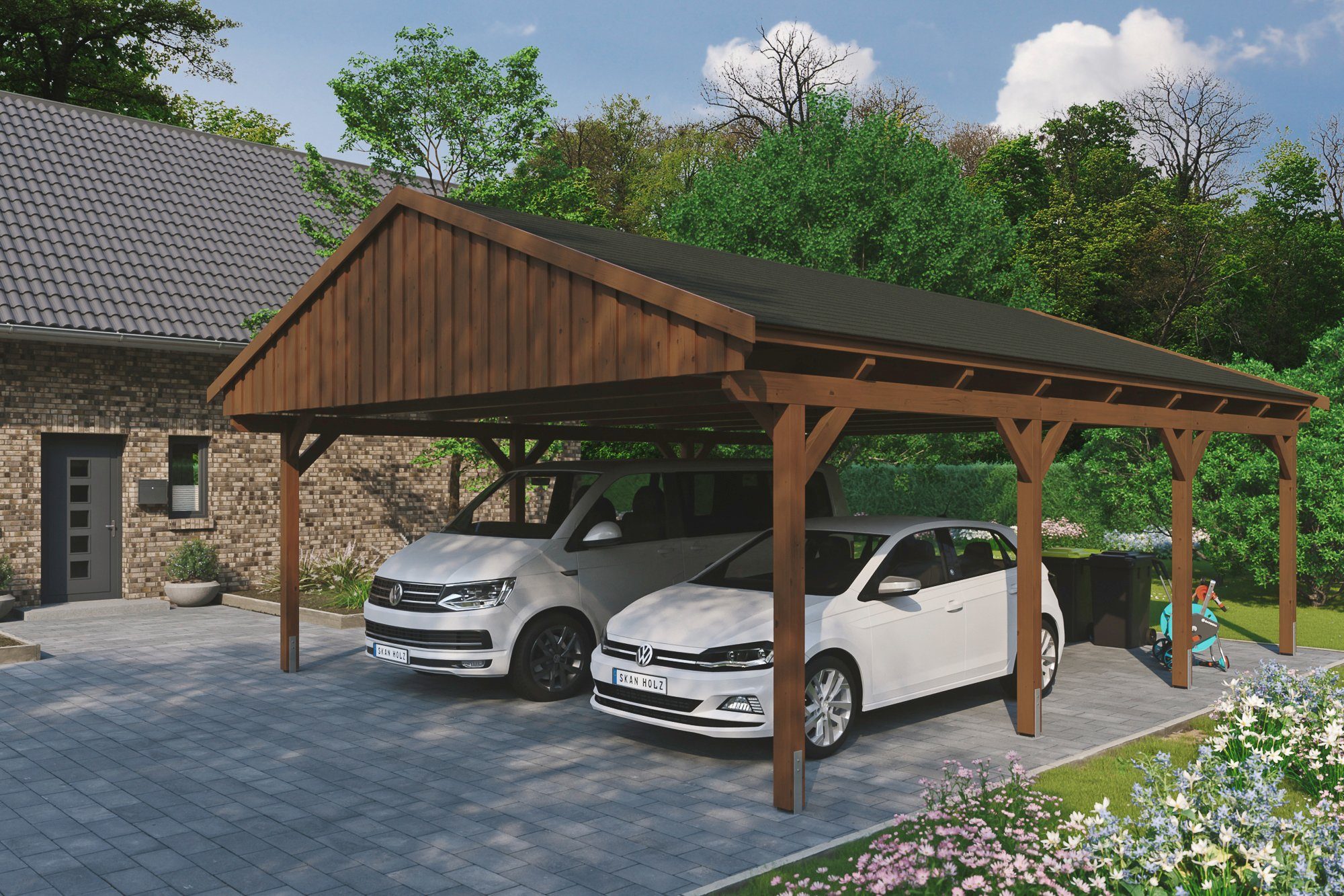 Skanholz Doppelcarport Fichtelberg, BxT: 618x808 cm, 574 cm Einfahrtshöhe, mit schwarzen Schindeln