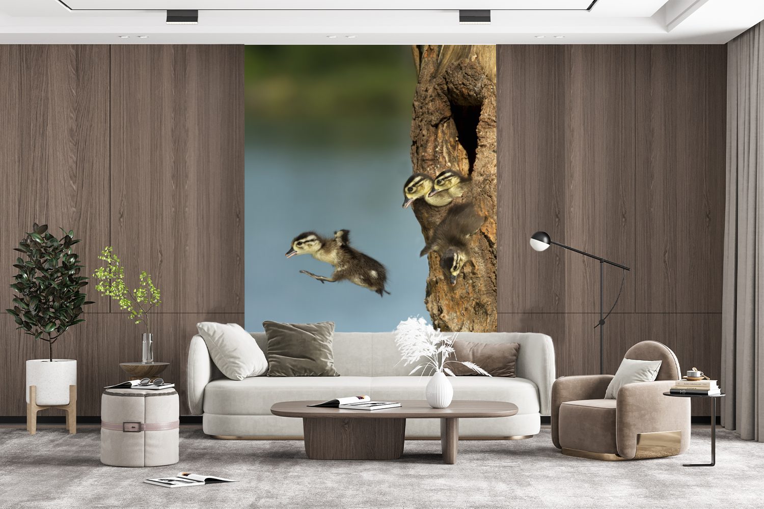 Wohnzimmer, MuchoWow (3 - Baum, für Jung Vögel - Fototapete bedruckt, Montagefertig Matt, Tapete St), Wandtapete Vinyl