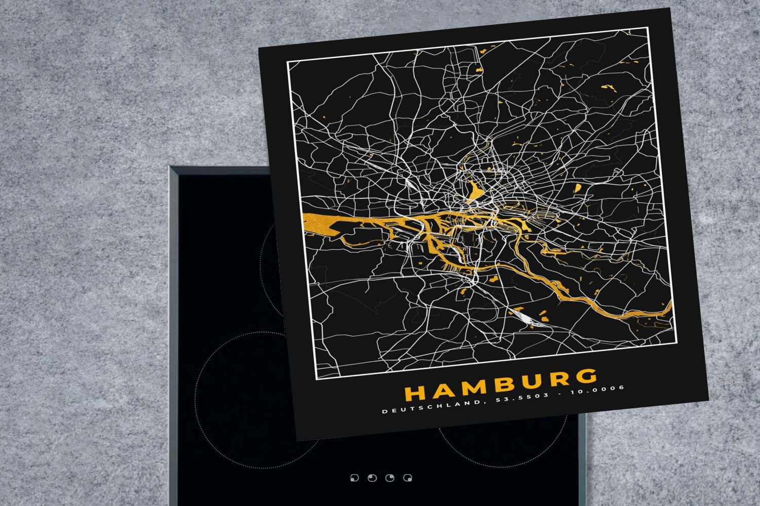 MuchoWow Herdblende-/Abdeckplatte Hamburg Stadtplan, (1 - Vinyl, - für Karte Deutschland - Arbeitsplatte tlg), - küche Ceranfeldabdeckung, cm, 78x78 Gold