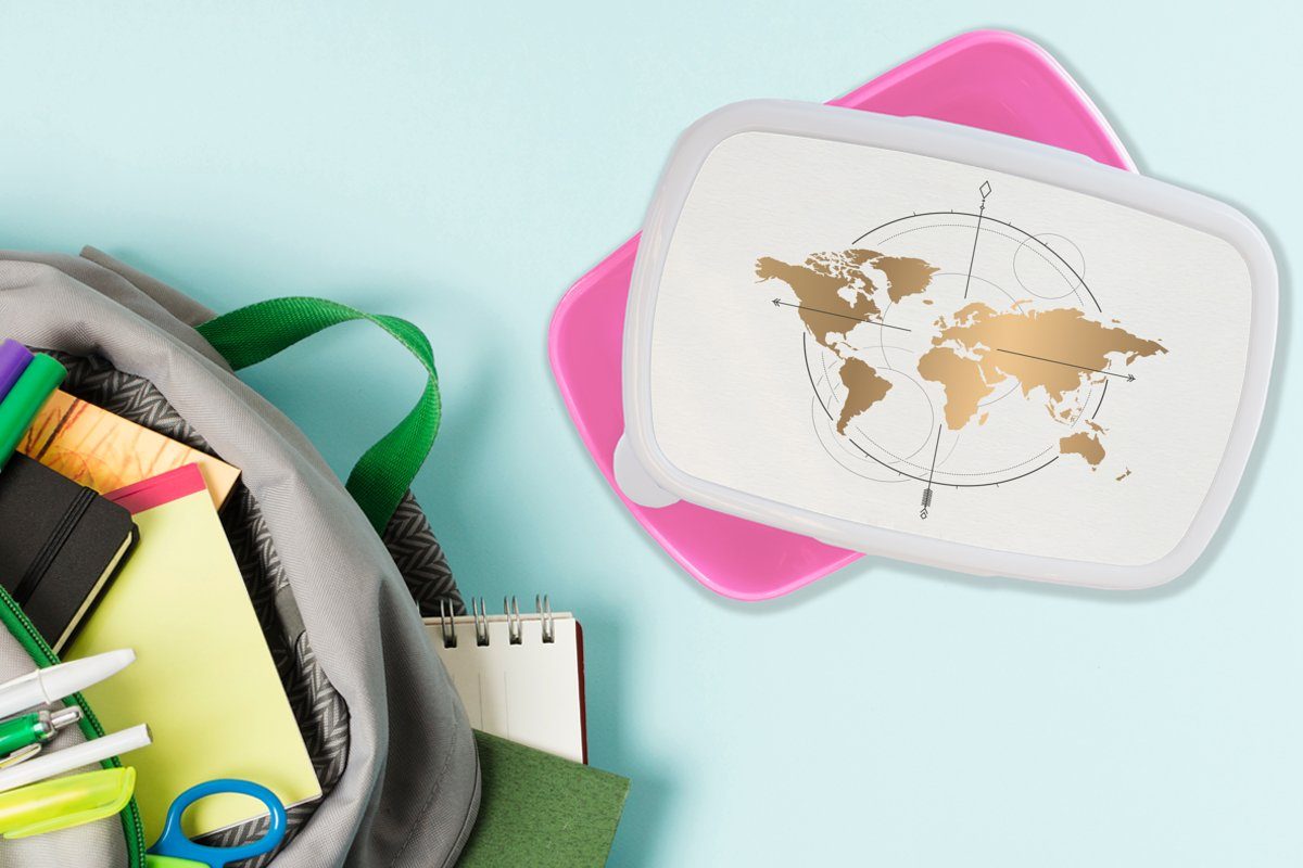MuchoWow Lunchbox Weltkarte Erwachsene, Snackbox, - rosa Jungen Brotbox - Kinder, für Kunststoff Brotdose Kinder Mädchen, - (2-tlg), Mädchen, Kompass Kunststoff, - Gold 