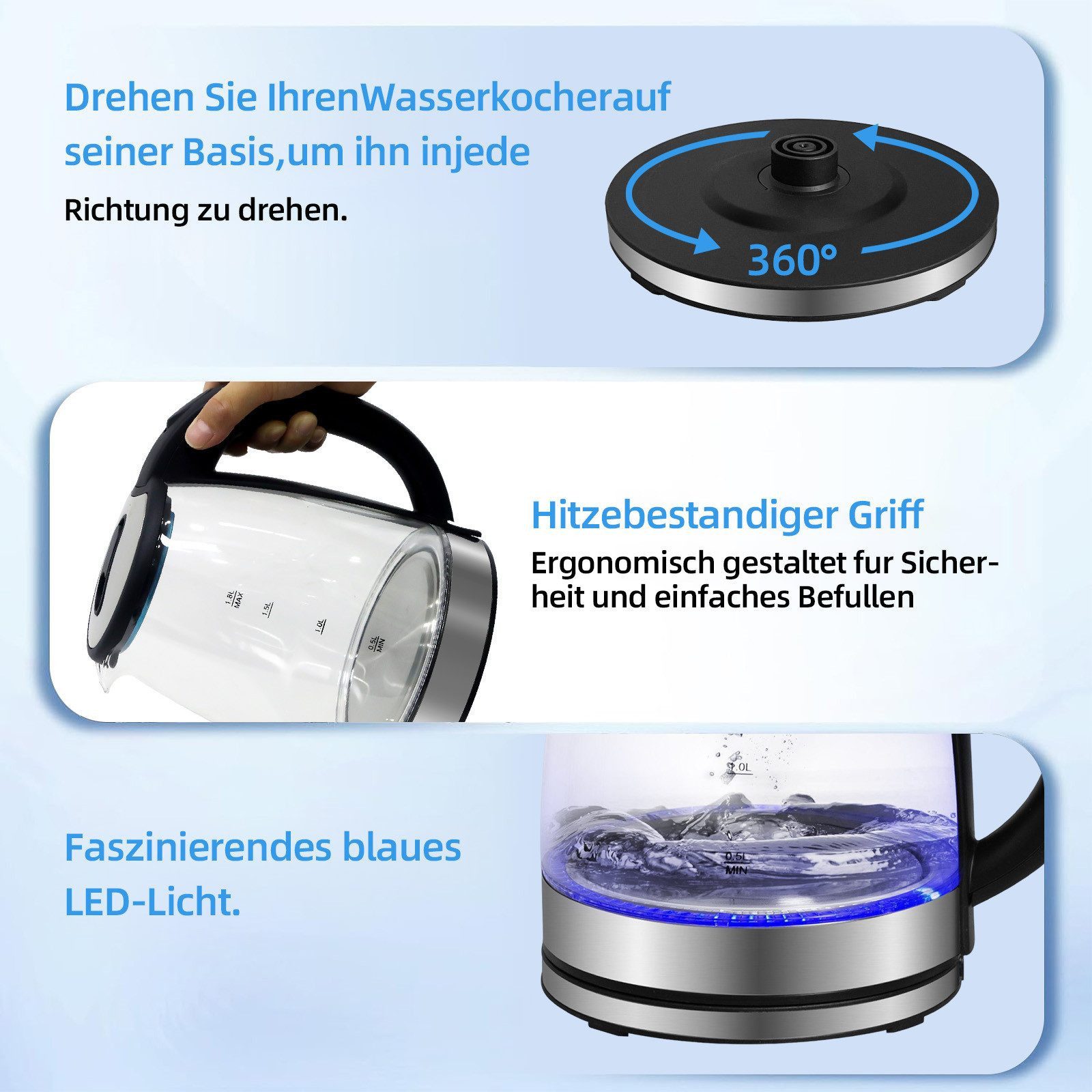 OZAVO Wasserkocher Glas 1,8L 1500W GLSH25 LED-Beleuchtung 100% BPA Frei, 360° Edelstahl Sockel,Trockenaufschutz