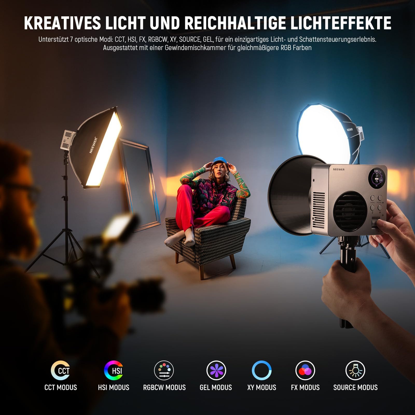 Neewer Videoleuchte HB80C 80W RGBWW LED Licht mit 72Wh Akku & 100W PD Ladung, mit wiederaufadbarerBatterie