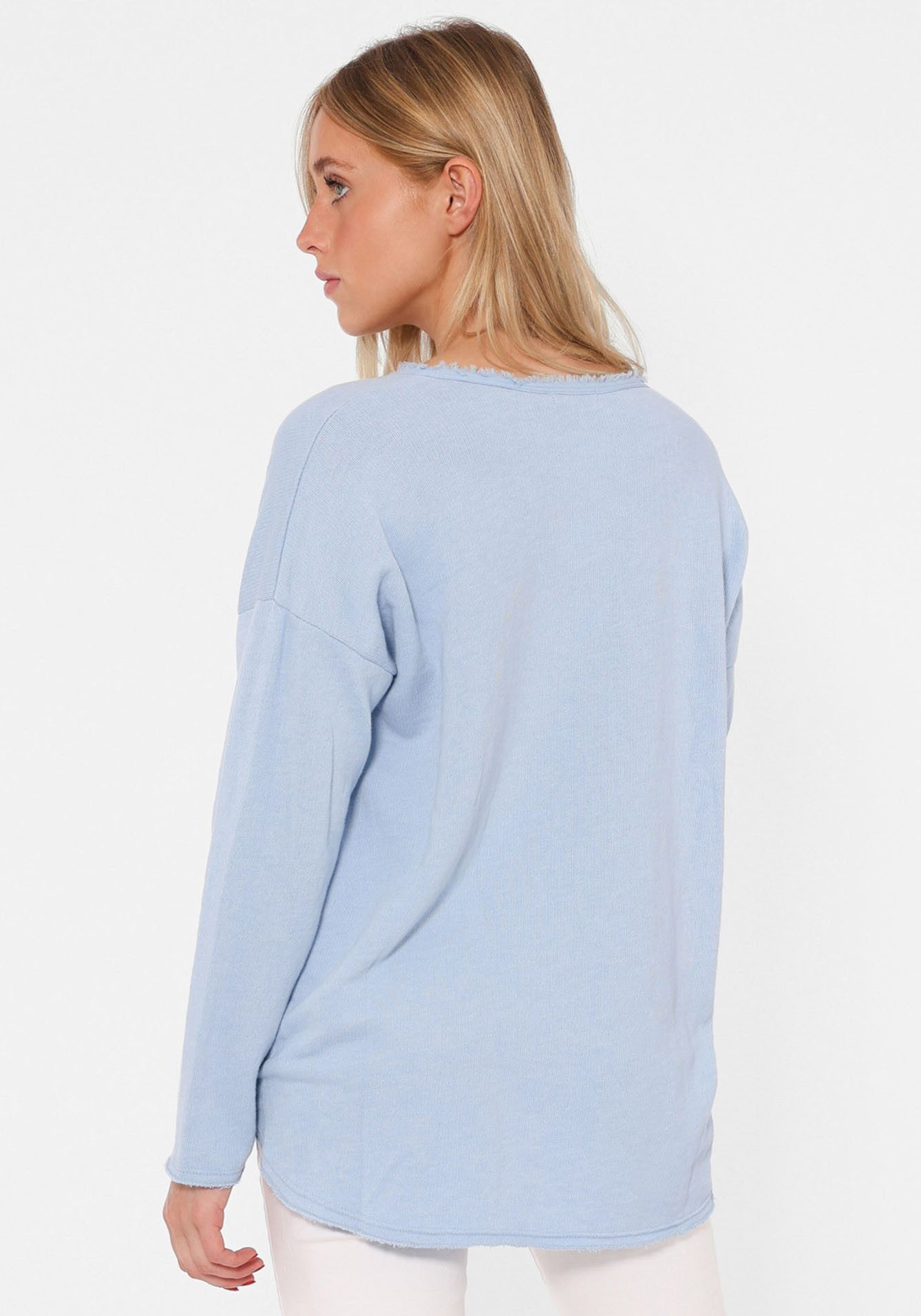 Zwillingsherz Sweatshirt "Positive Mind" ausgefranster V-Ausschnitt, Used Look, Langarm, Schriftzug