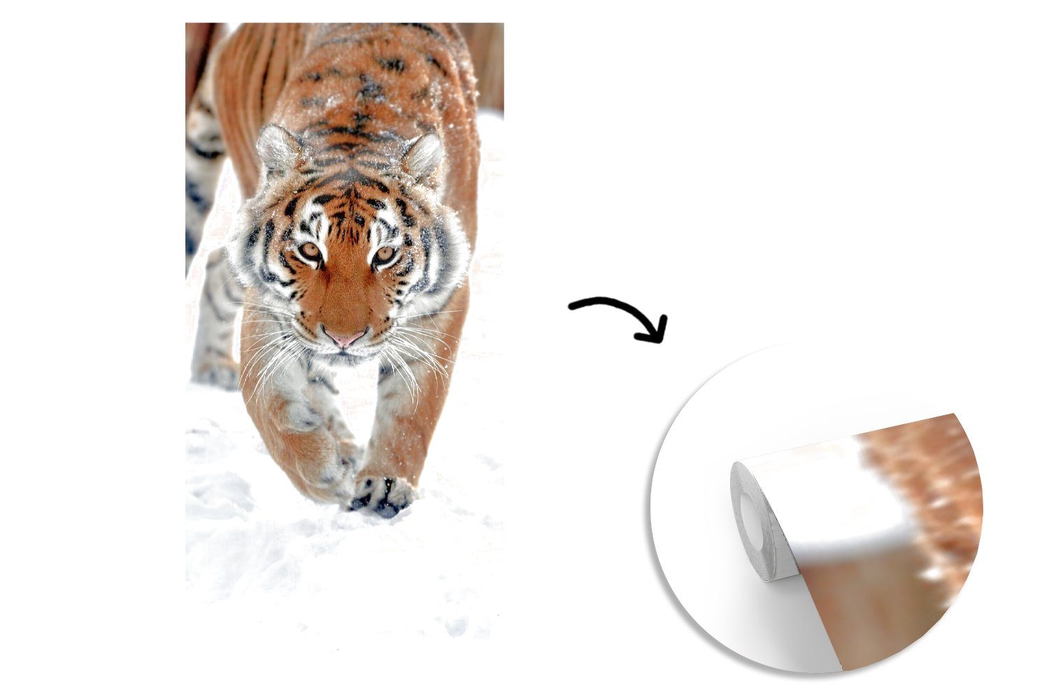 MuchoWow Fototapete Tiere, (2 - Vliestapete Tiger Schnee für Wohnzimmer bedruckt, Fototapete Küche, St), - Schlafzimmer Matt
