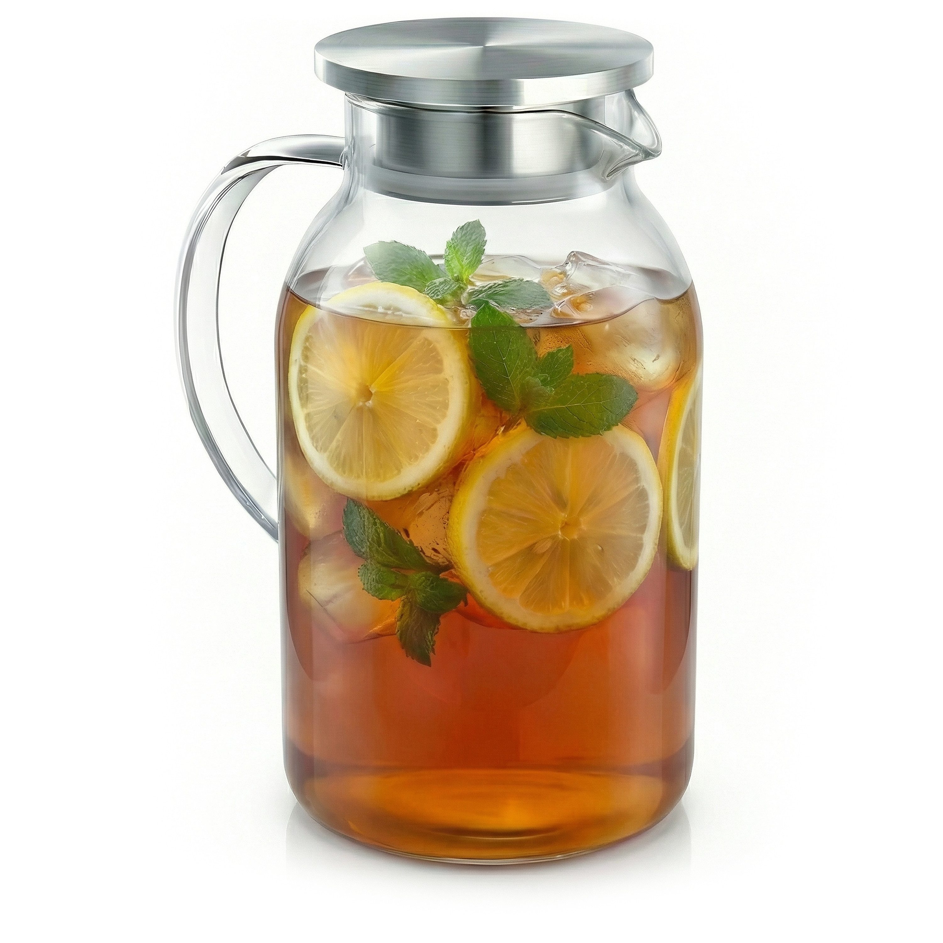Arendo Karaffe Glaskaraffe mit Deckel aus lebensmittelechtem Edelstahl, Borosilikatglas, 2300 ml, Sieb, hitze- und kältebeständig, BPA-frei