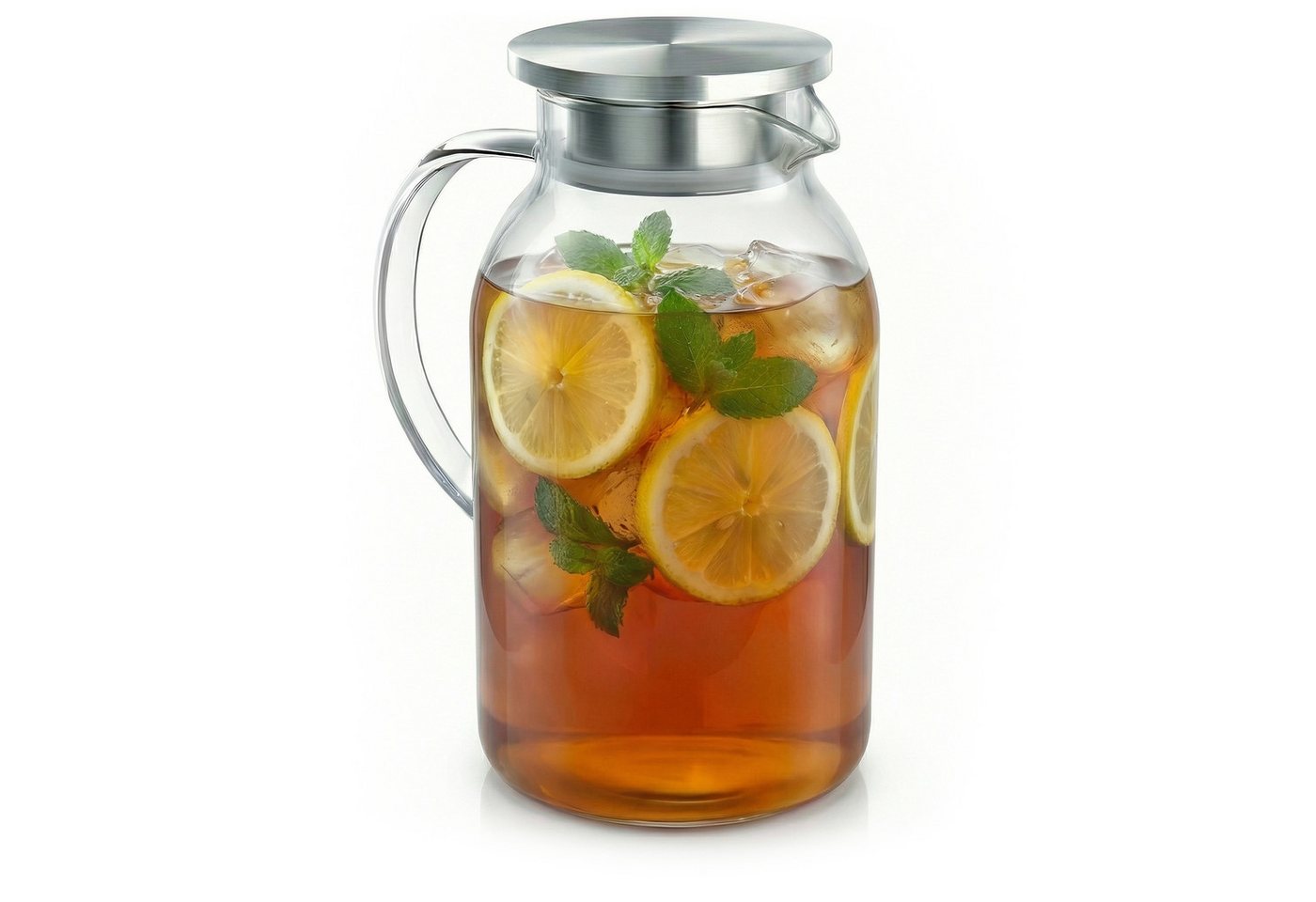 Arendo Karaffe Glaskaraffe mit Deckel aus lebensmittelechtem Edelstahl, Wasserkaraffe, (1-tlg), Borosilikatglas, 2300 ml, Sieb, hitze- und kältebeständig, BPA-frei