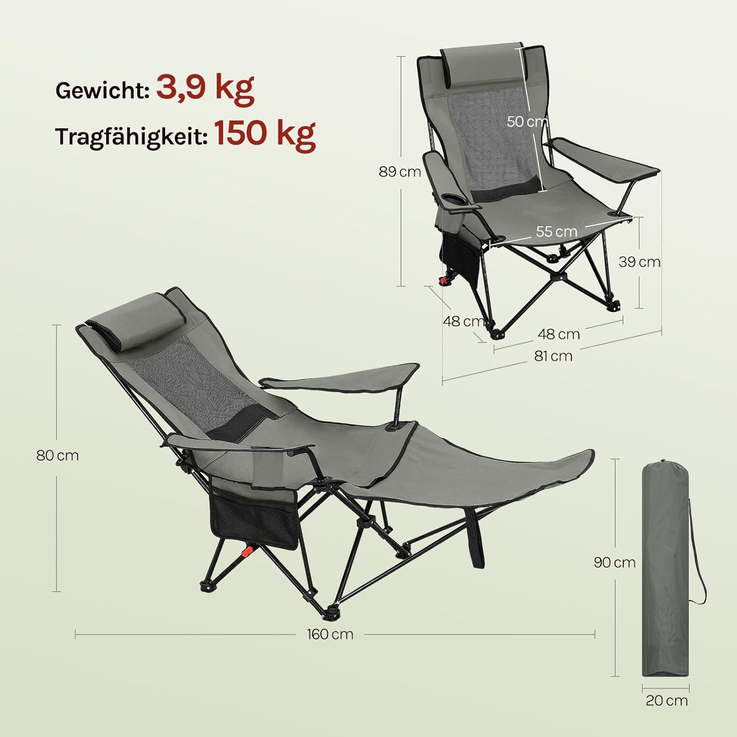 Woltu Campingstuhl (1 St), mit Fußablage, 3 Positionen Verstellbar bis 150 kg belastbar