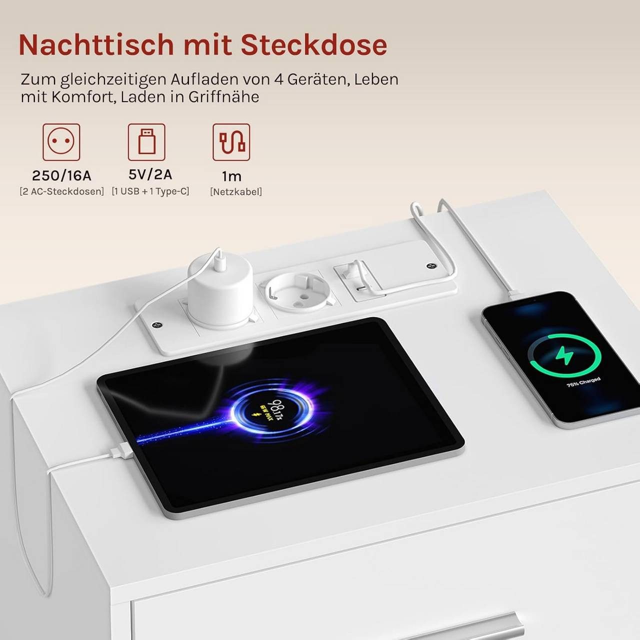 Woltu Nachttisch (1-St), mit Ladefunktion, Steckdose, 3 Schubladen, Modern – Bild 5 von 5
