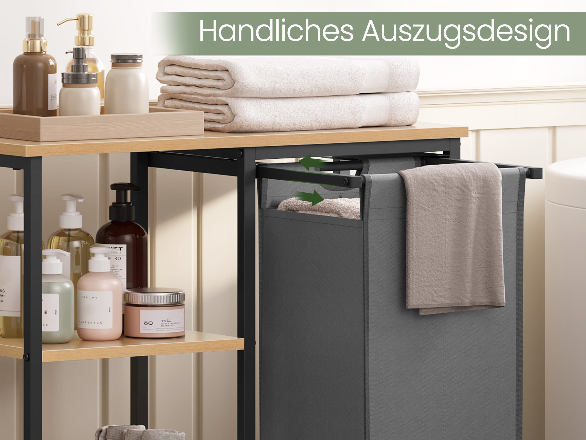 EUGAD Badregal, Wäschekorb mit 4 Ablagen, Standregal offen, Schwarz helle Eiche