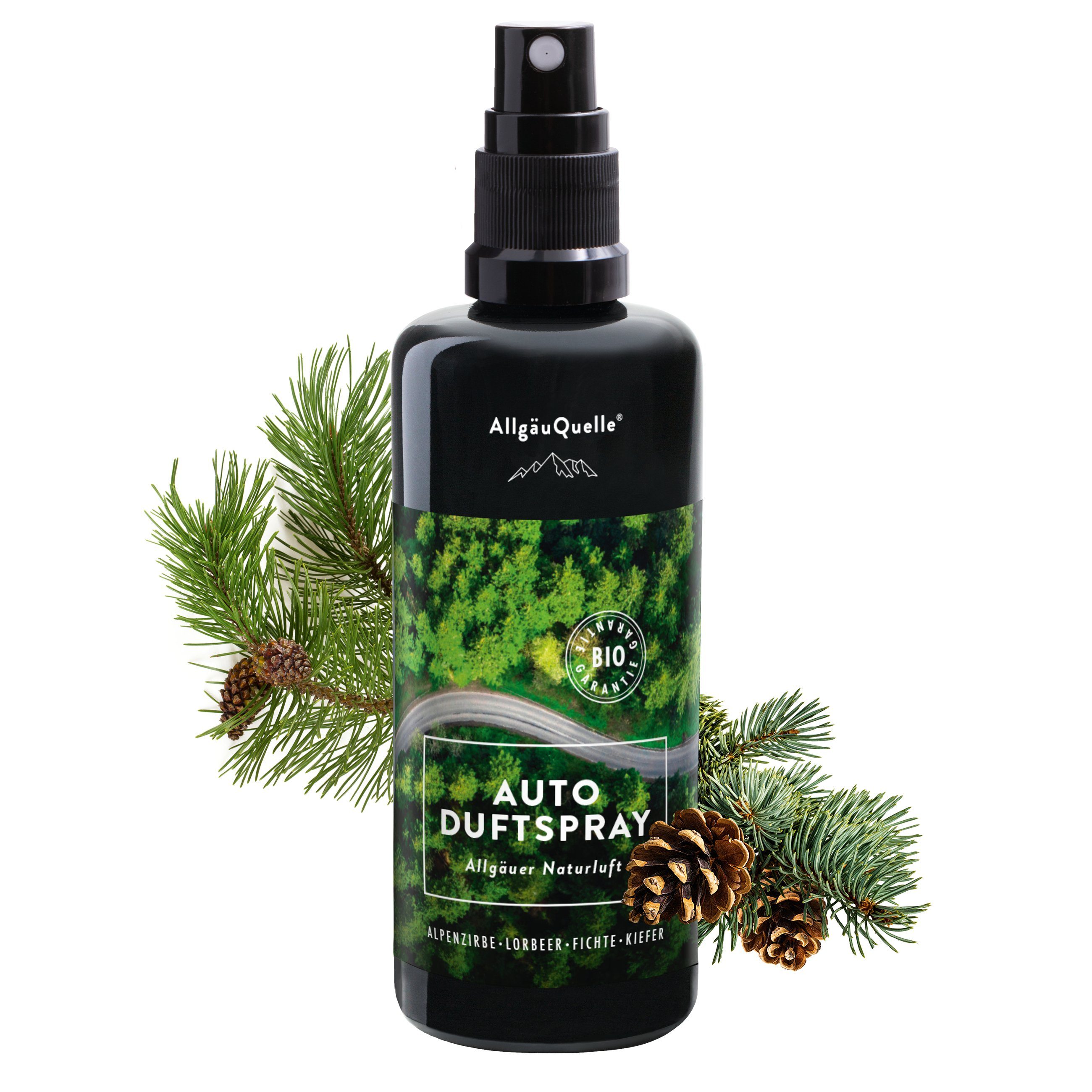 Allgäuquelle Raumduft Bio Auto Duftspray 100ml), Fichte x und Naturluft Allgäuer Kiefer Alpenzirbe, mit Lorbeer, (1