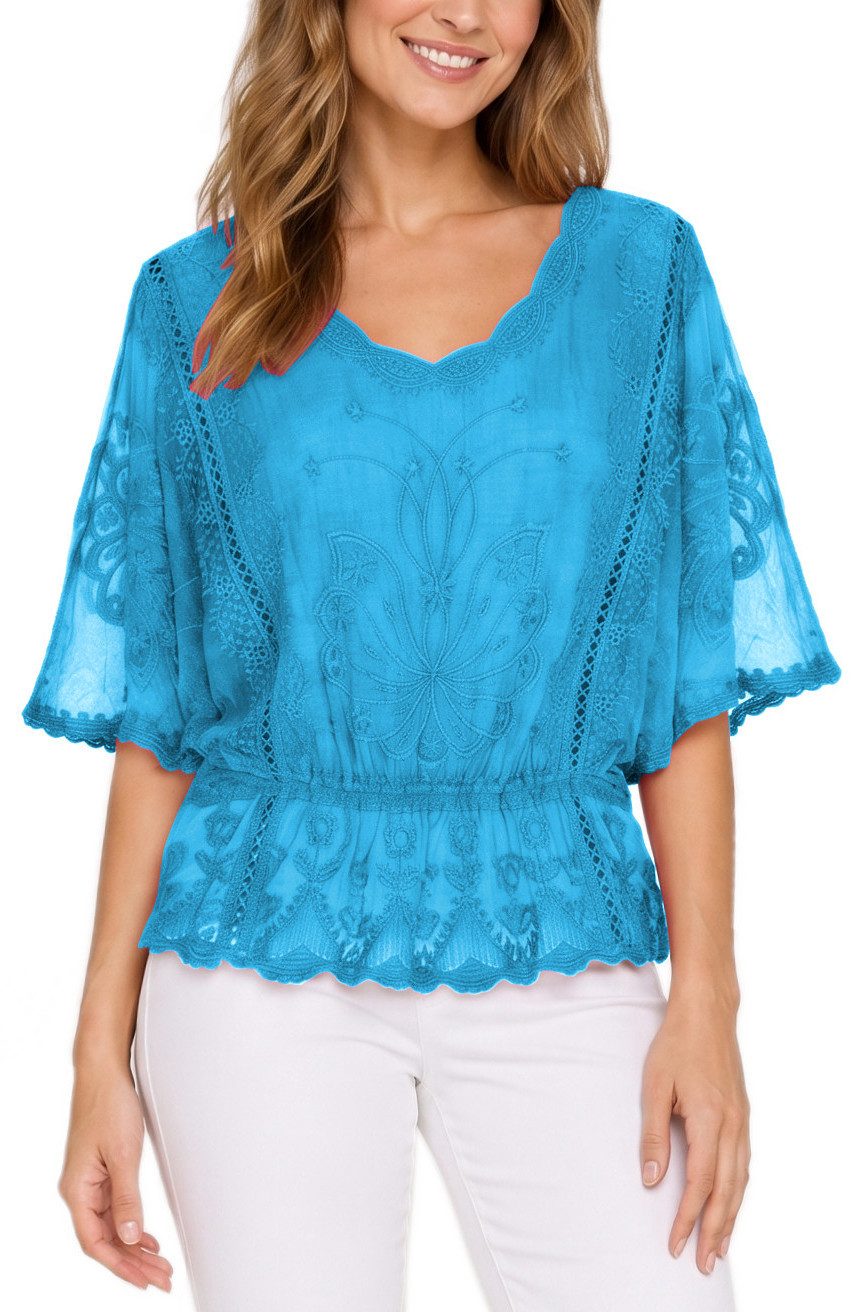 dy_mode Spitzenbluse Damen Sommerbluse mit Spitze Kurzarm Oberteil Einfarbig Transparent in Unifarbe, transparenten Ärmel