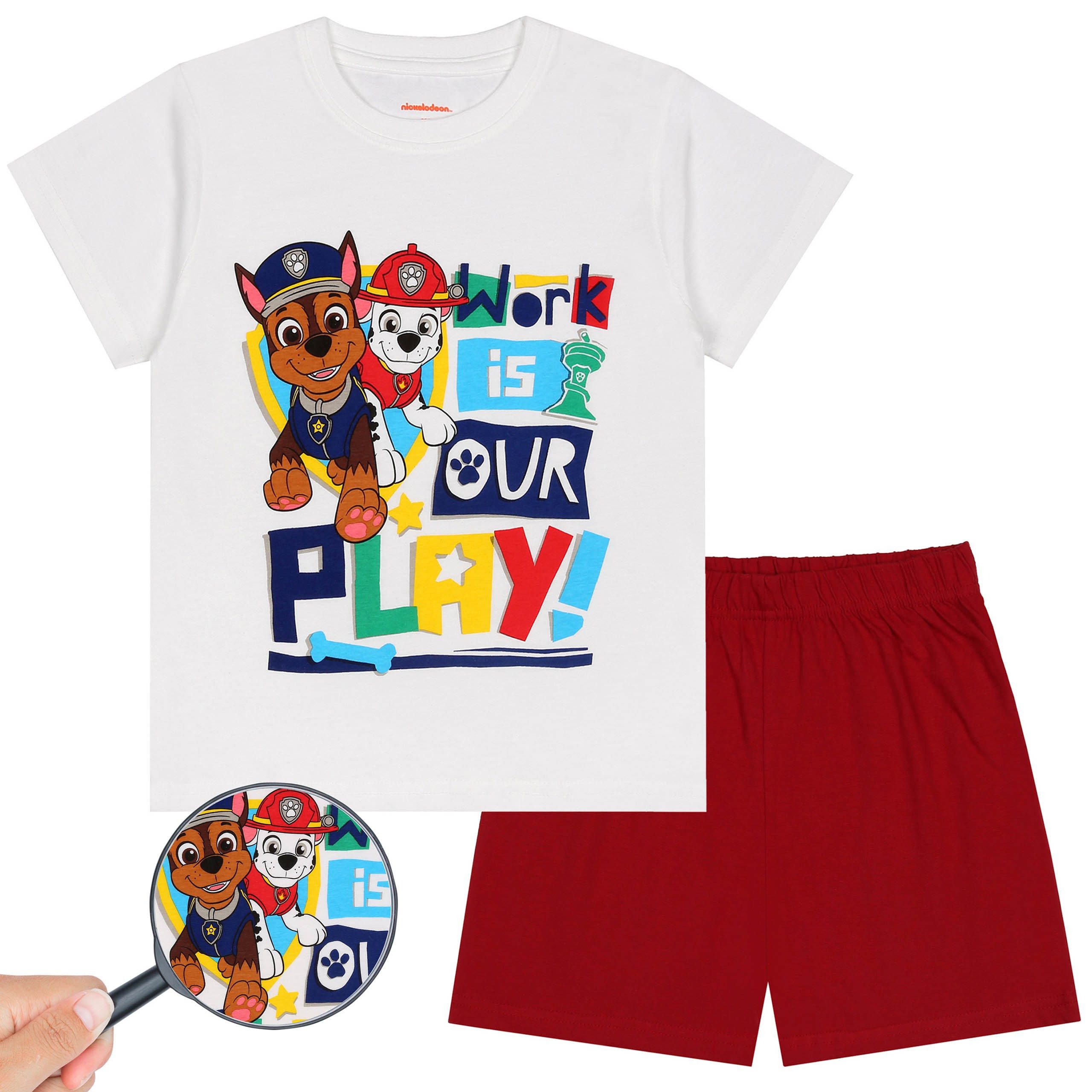 PAW PATROL Schlafanzug Paw Patrol rot-weißer Jungen Schlafanzug mit kurzer Hose 7 Jahre