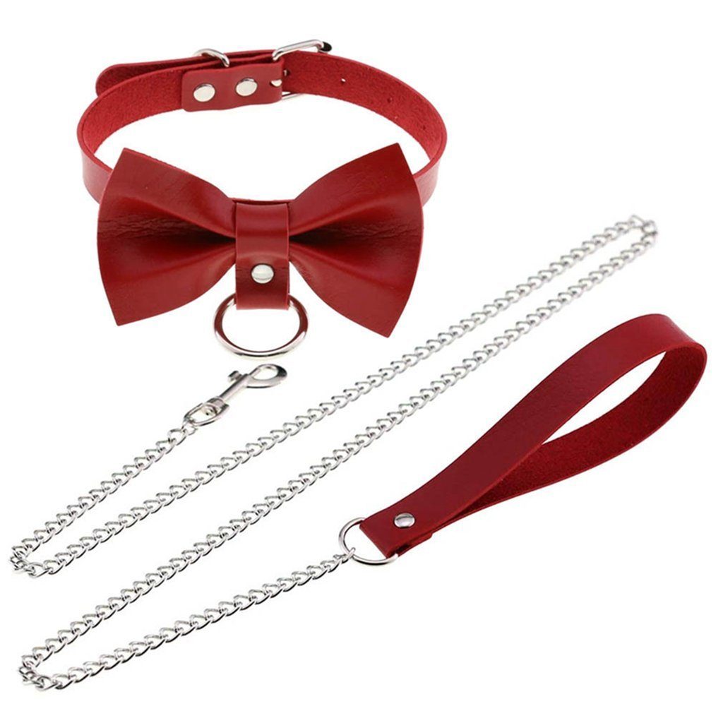 WaKuKa Choker Schleife-Kragen-Punk-Leine aus PU-Leder, Cosplay-Spielzeug rot