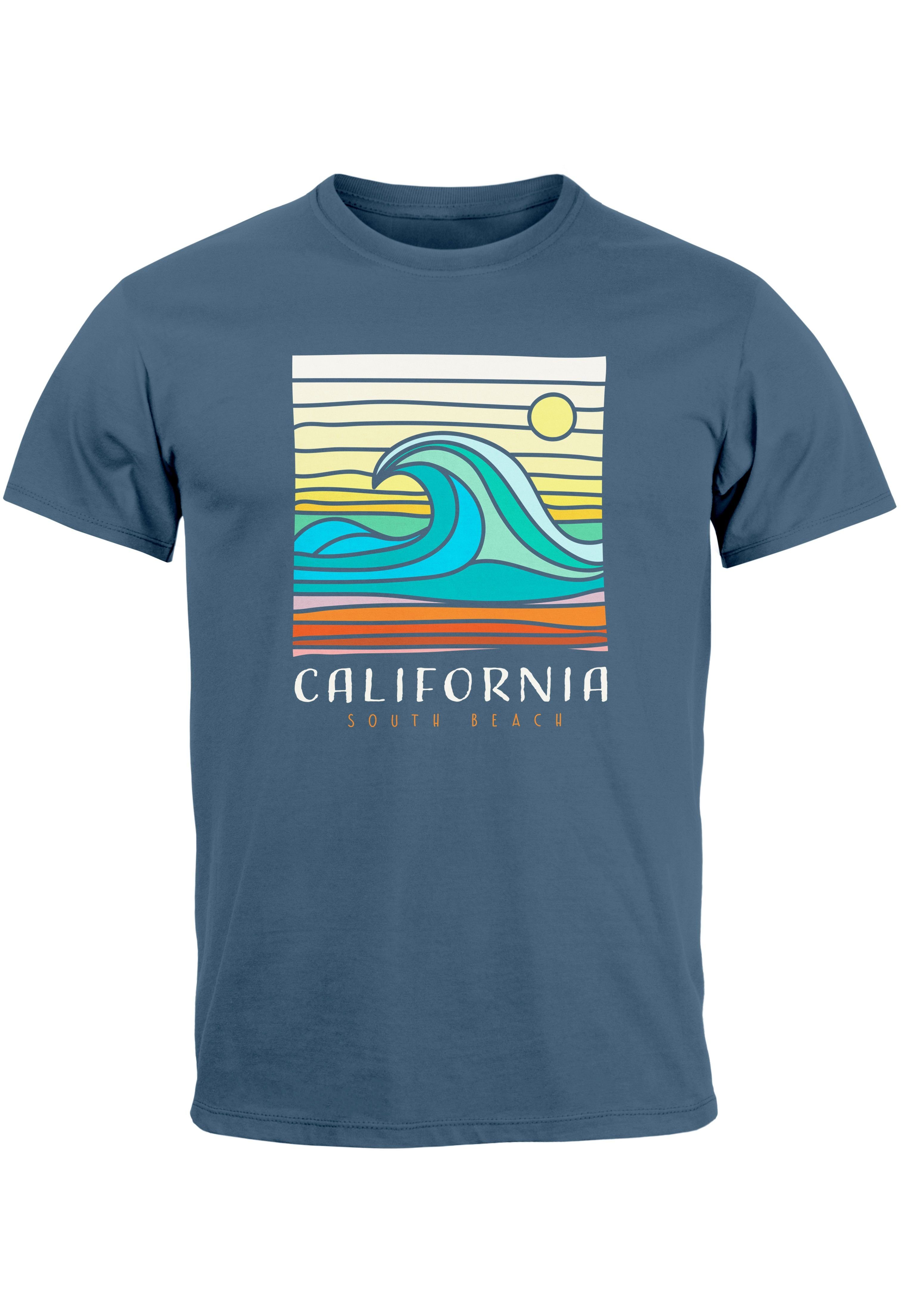 Neverless Print-Shirt Herren T-Shirt California South Beach Welle Wave Surfing Print Aufdruc mit Print denim blue