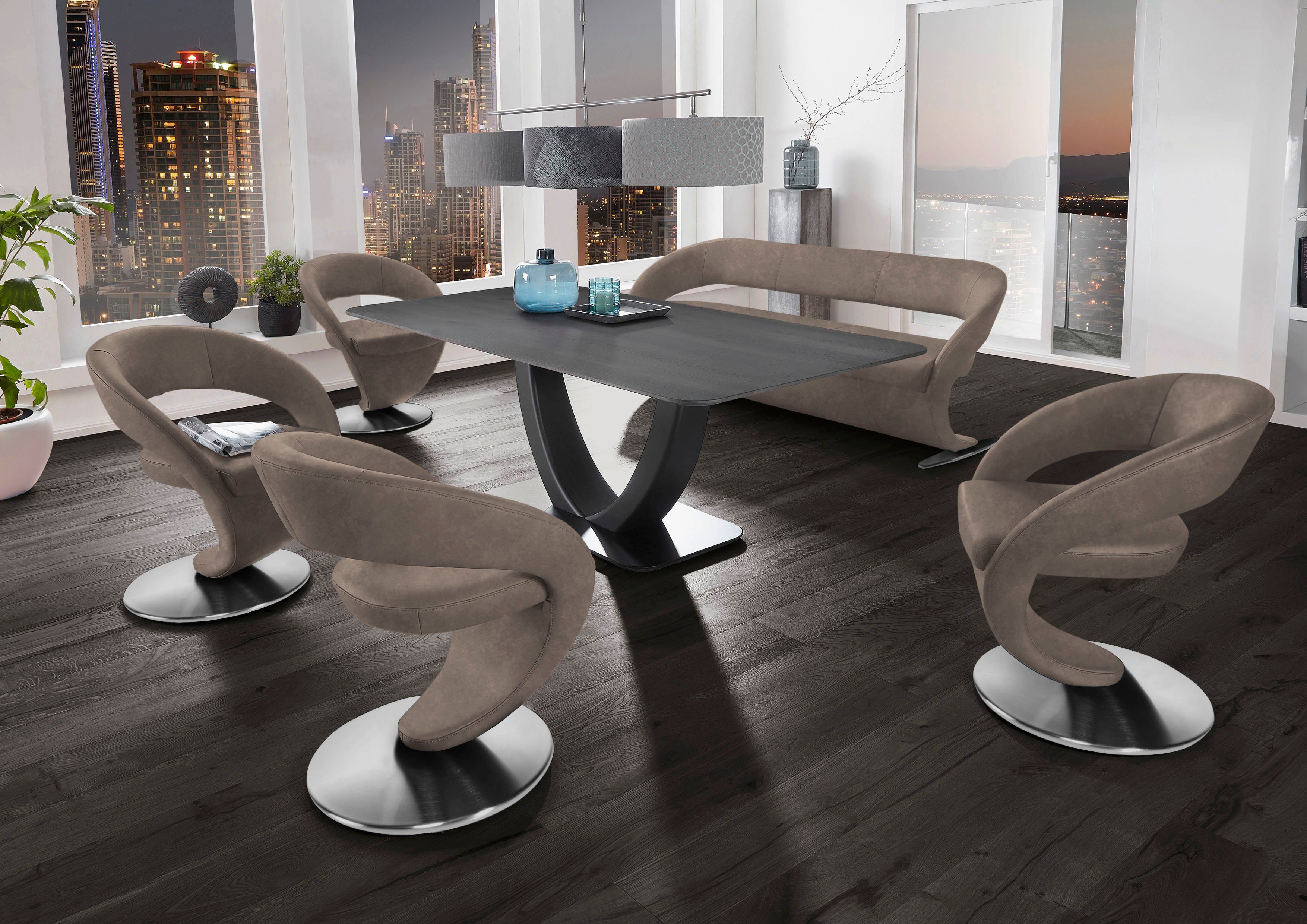mit 4 Wohnen K+W Design-Drehstühlen & Komfort (Set), Essgruppe 180x90cm in Tisch Wave, Design-Solobank und