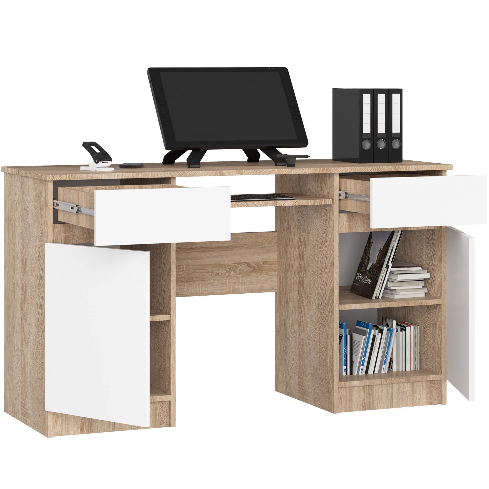 Raumhirsch Furniture Schreibtisch moderner Bürotisch 135 cm mit Tastaturauszug, viel Stauraum, Hochwertiger Schreibtisch mit Stauraum - 135 cm