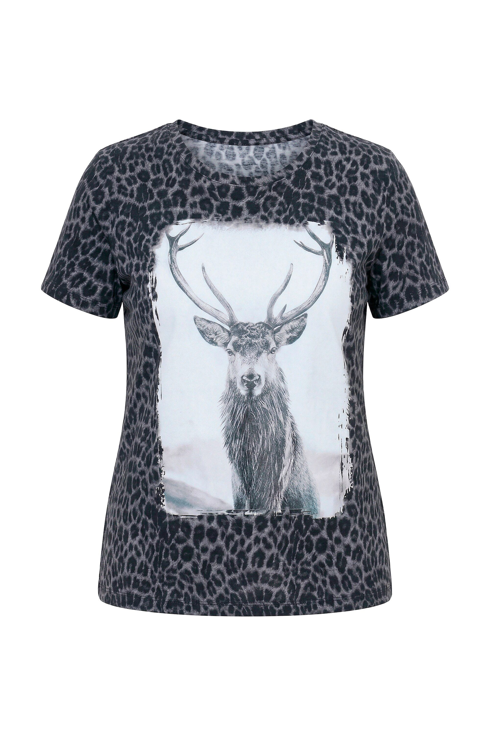 Ulla Popken T-Shirt T-Shirt Leomuster Hirsch Classic Rundhals Halbarm