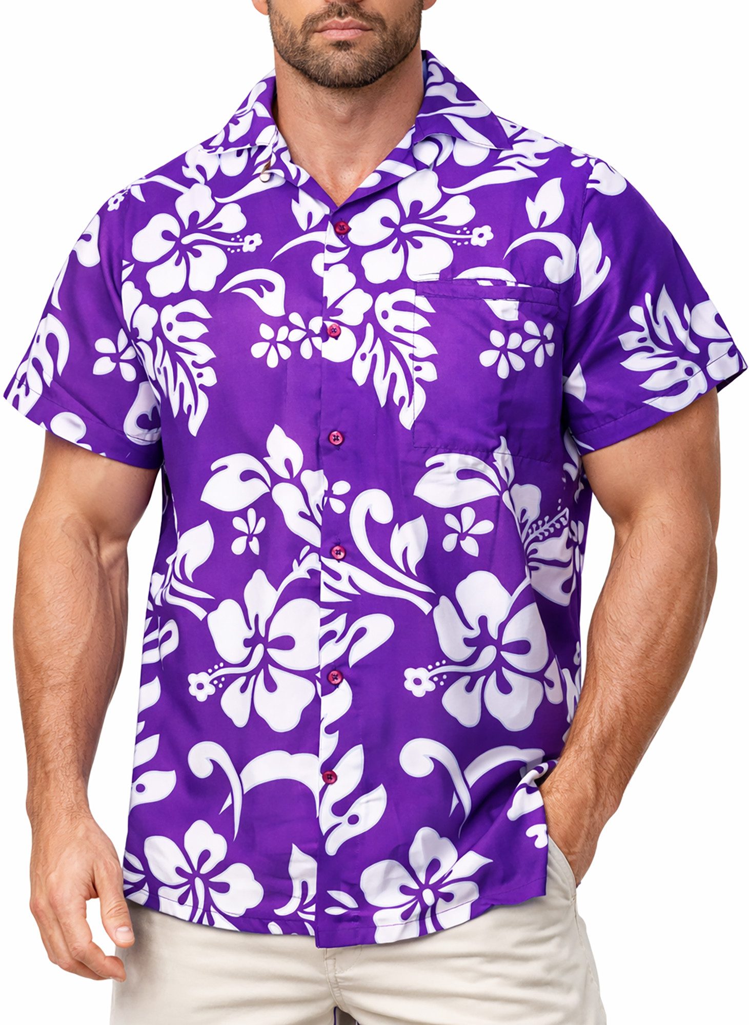 King Kameha Hawaiihemd "Hibiscus" Funky Hawaii-Hemd Herren Kurzarm Front-Tasche Stylish