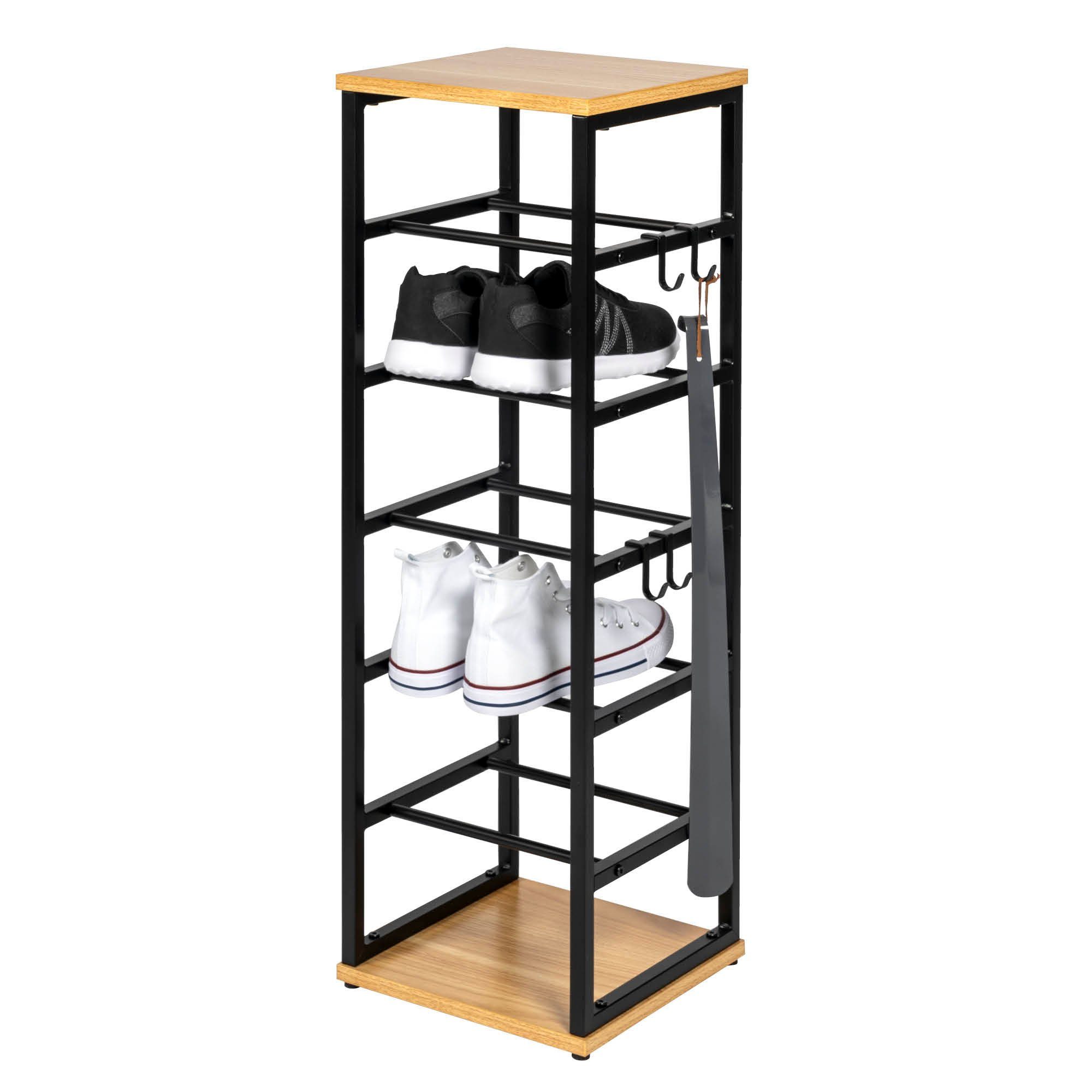 eluno Schuhregal für max. 6 Paar Schuhe, 2 Holzablagen, 4 Haken günstig online kaufen
