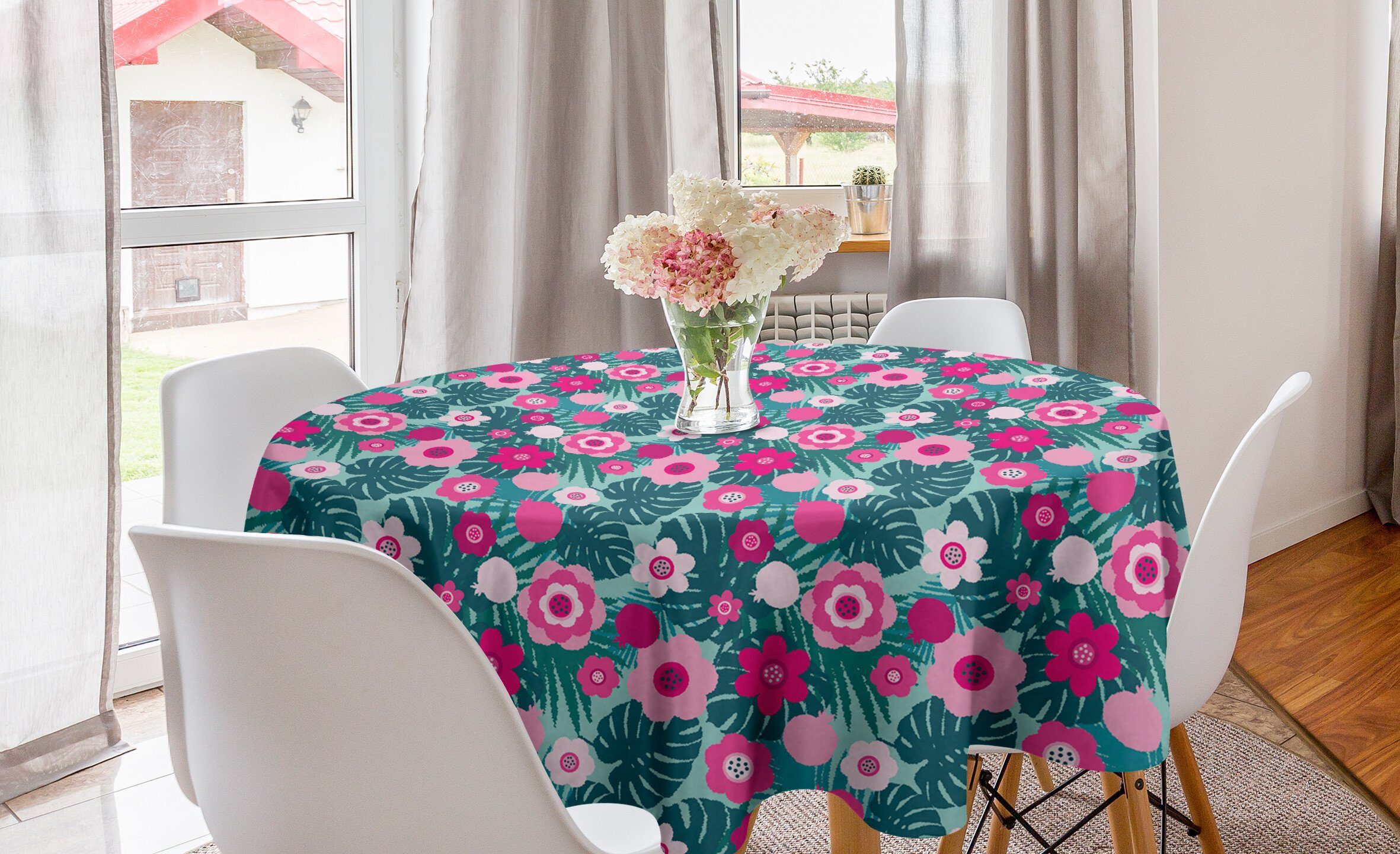 Abakuhaus Tischdecke Kreis Tischdecke Abdeckung für Esszimmer Küche Dekoration, Blumen Monstera Blatt Rosa Blumen