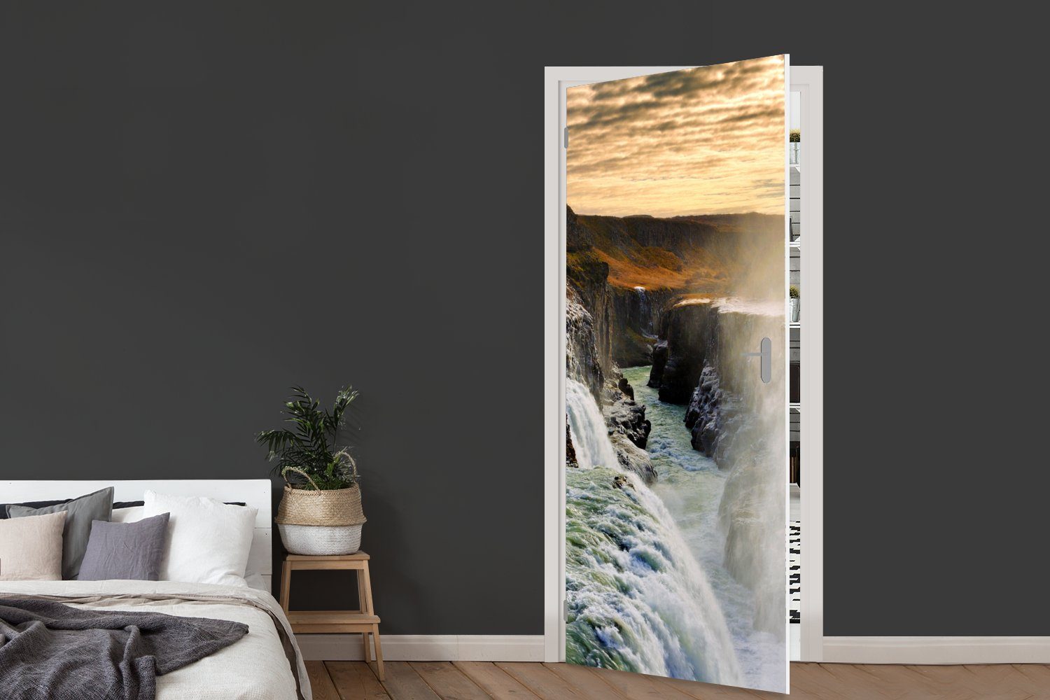 St), Tür, am Matt, Türaufkleber, für Sonnenuntergang Fototapete Türtapete in 75x205 Gullfoss-Wasserfall (1 MuchoWow bedruckt, Island, cm