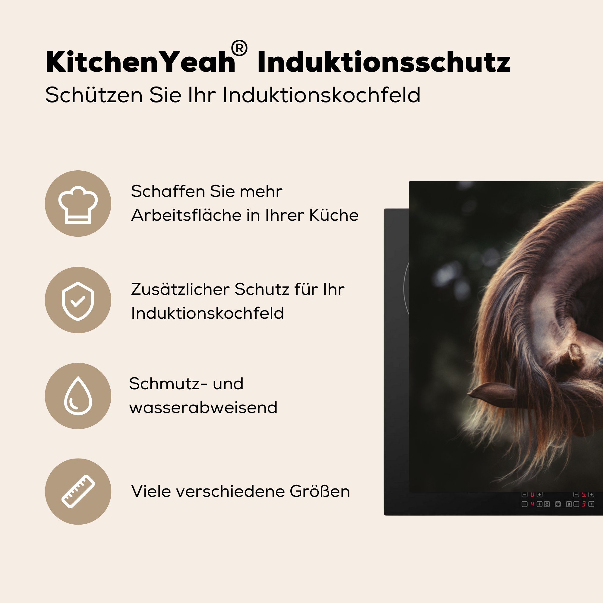 MuchoWow Herdblende-/Abdeckplatte Pferd - Fohlen Schutz (1 Vinyl, Ceranfeldabdeckung 81x52 - die für küche, Braun, Induktionskochfeld tlg), cm