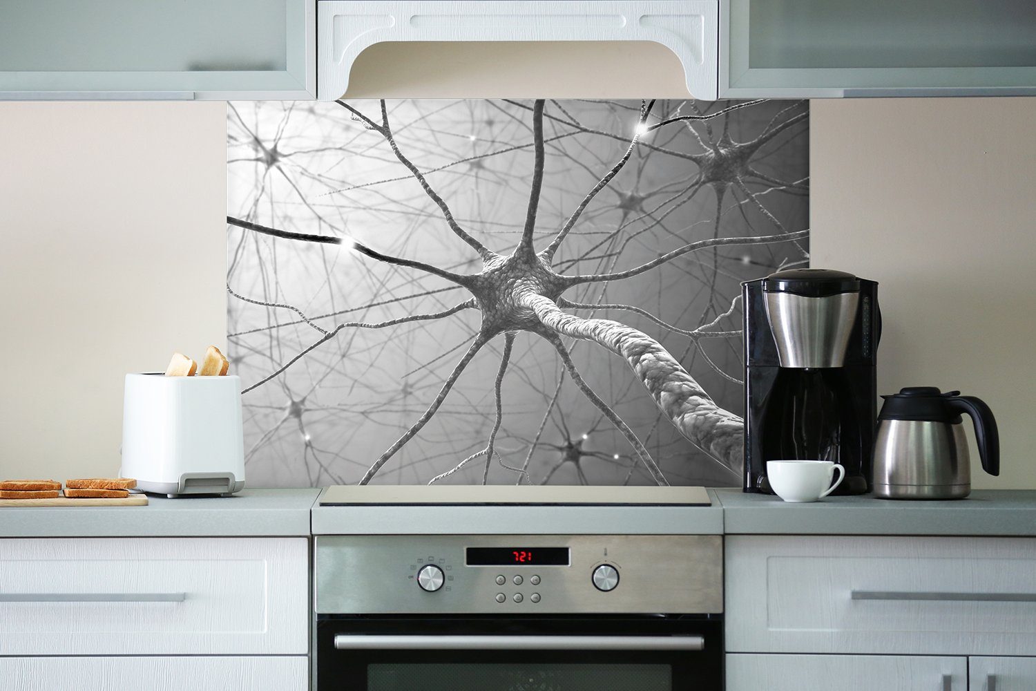 Wallario - Menschliche schwarz Nervenzelle Küchenrückwand weiß, (1-tlg)