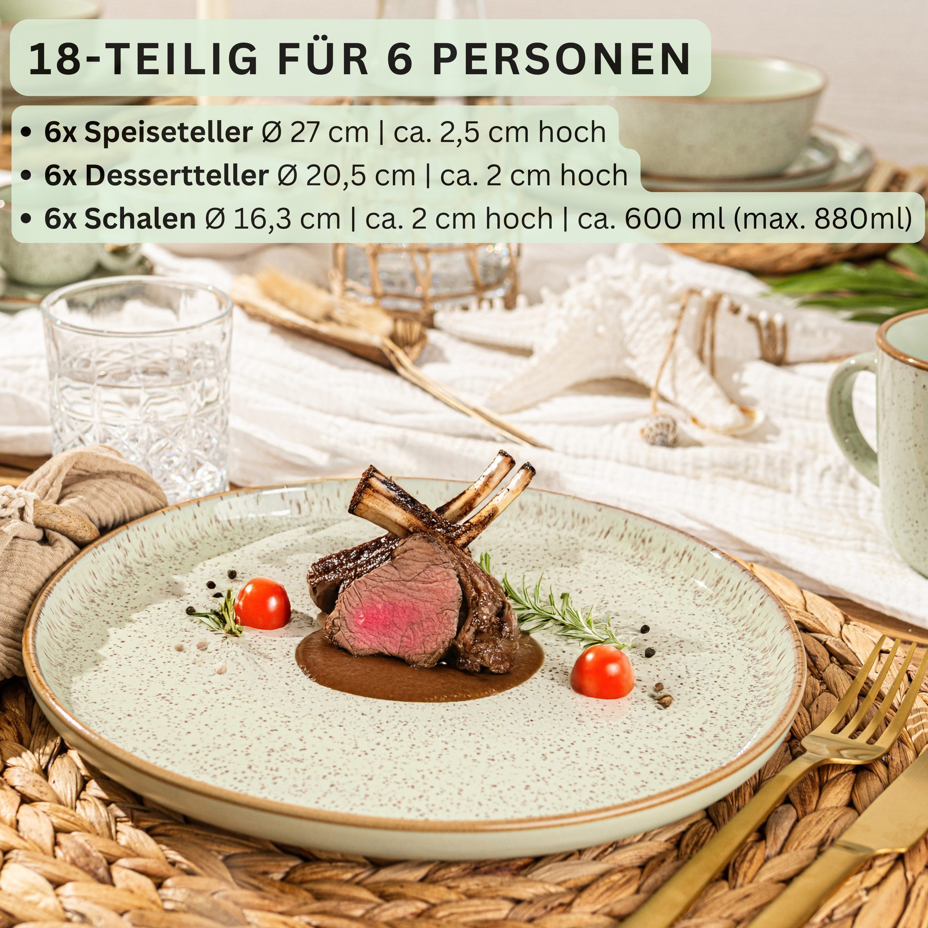 SÄNGER Tafelservice Rio Geschirrset (18-tlg), 6 Personen, Steingut, Handmade, Mintgrün, Erweiterbar, VALUE COLLECTION